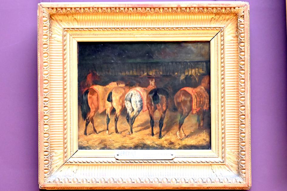 Théodore Géricault (1811–1822), Fünf Pferde in Rückansicht in einem Stall, Paris, Musée du Louvre, Saal 941, um 1820–1822