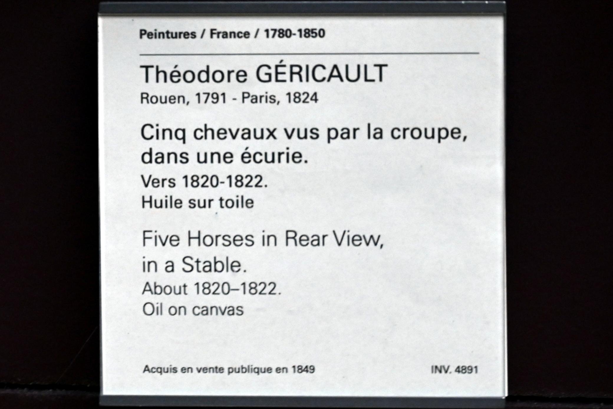 Théodore Géricault (1811–1822), Fünf Pferde in Rückansicht in einem Stall, Paris, Musée du Louvre, Saal 941, um 1820–1822, Bild 2/2
