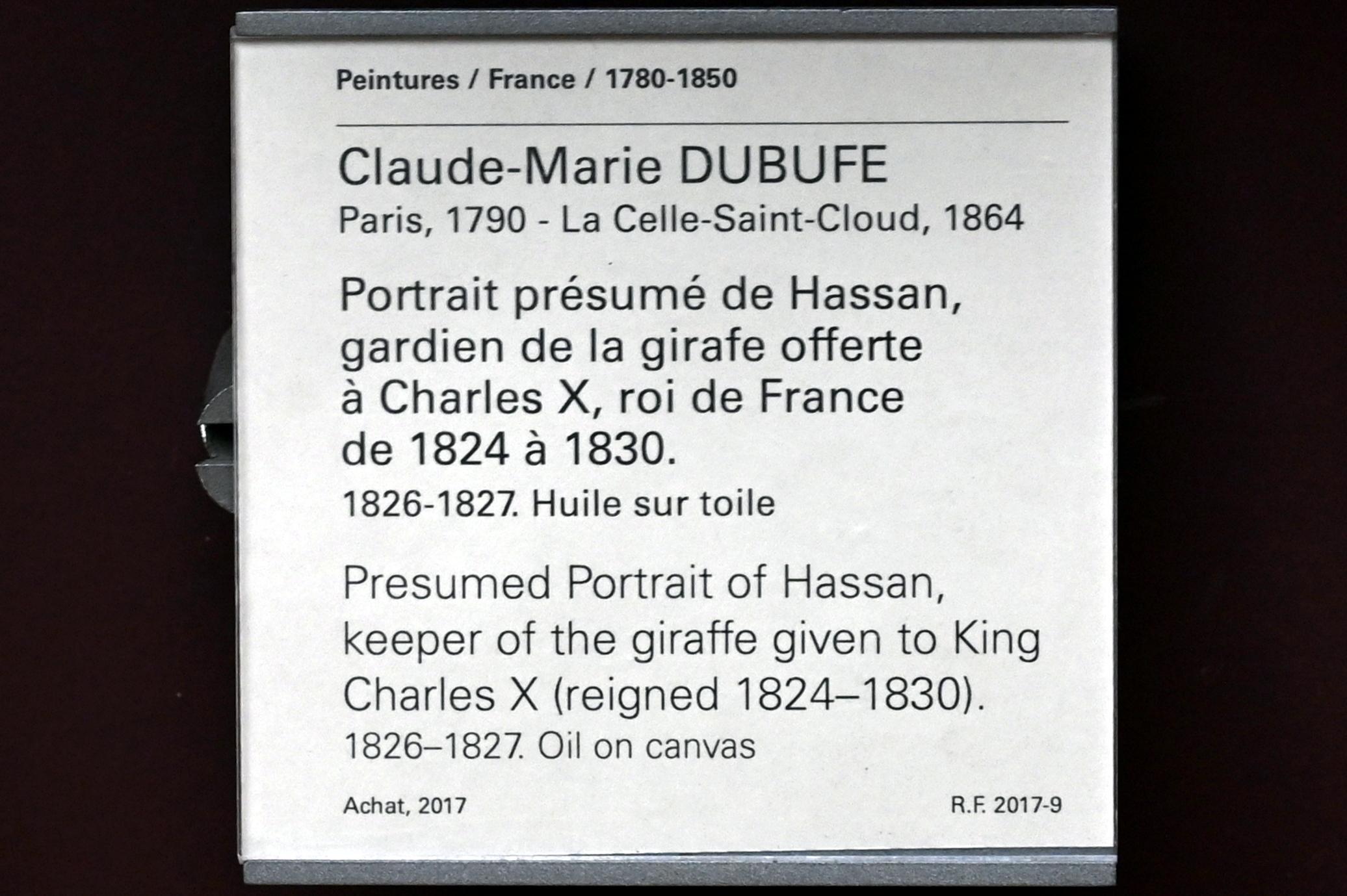 Claude Marie Dubufe (1826), Vermutliches Porträt von Hassan, dem Hüter der Giraffe, die Karl X., König von Frankreich 1824 bis 1830, geschenkt wurde, Paris, Musée du Louvre, Saal 941, 1826–1827, Bild 2/2