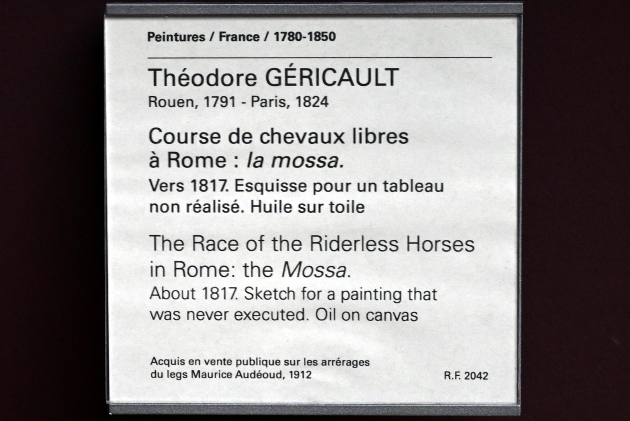 Théodore Géricault (1811–1822), Das Rennen der reiterlosen Pferde in Rom: die Mossa, Paris, Musée du Louvre, Saal 941, um 1817, Bild 2/2