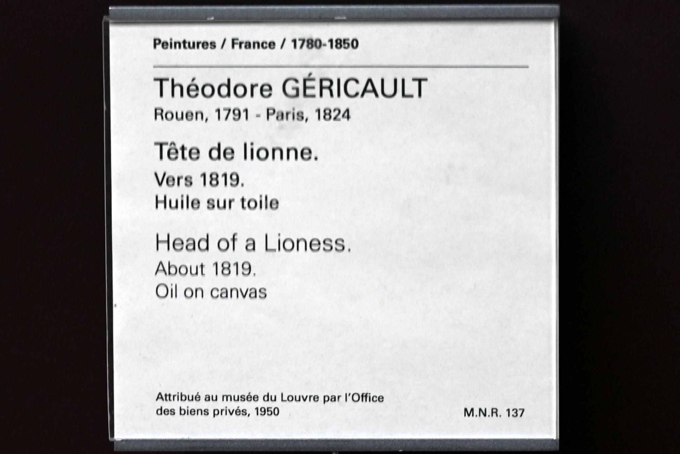 Théodore Géricault (1811–1822), Löwinnenkopf, Paris, Musée du Louvre, Saal 941, um 1819, Bild 2/2