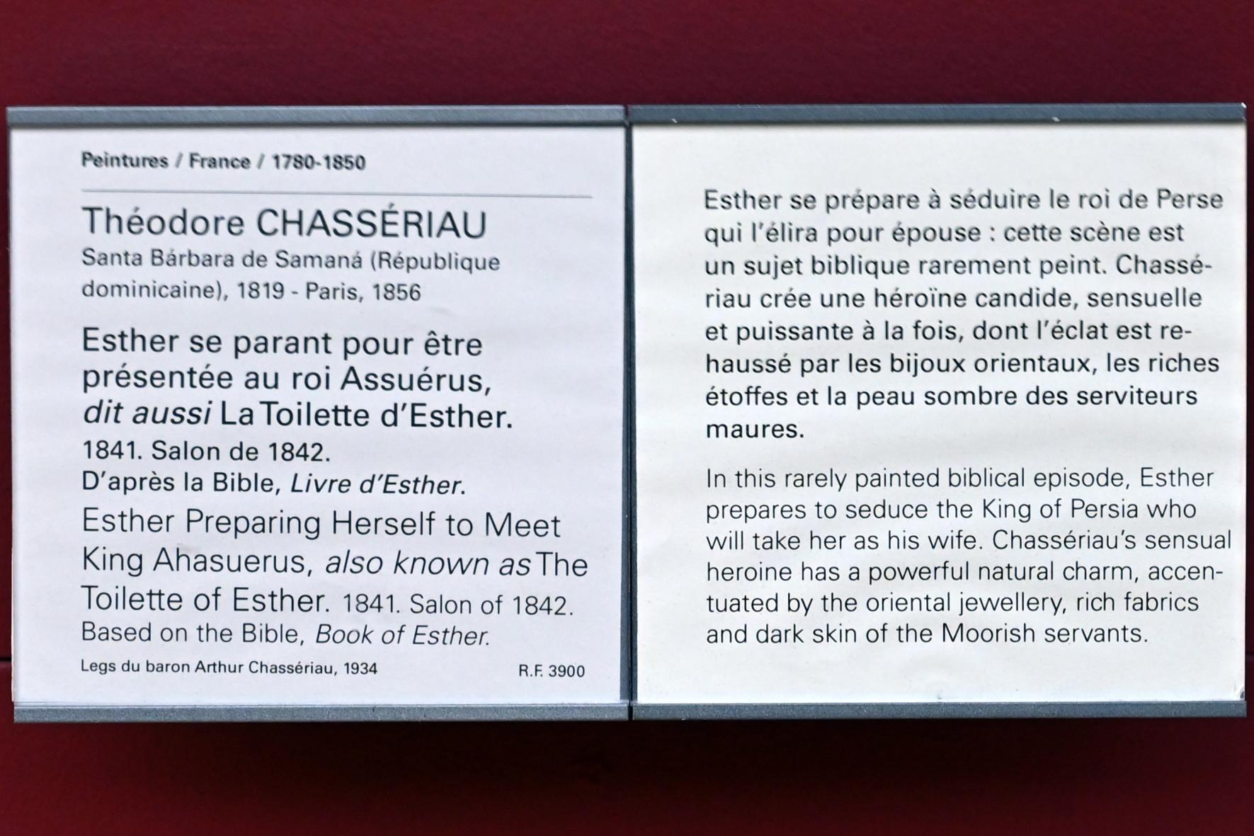 Théodore Chassériau (1835–1856), Esther bereitet sich auf die Begegnung mit König Ahasverus vor (Die Toilette von Esther), Paris, Musée du Louvre, Saal 942, 1841, Bild 2/2