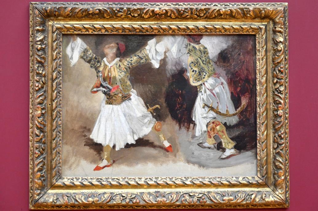 Eugène Delacroix (1820–1862), Zwei tanzende griechische Krieger (Studie zu Souliote-Kostümen), Paris, Musée du Louvre, Saal 942, um 1824–1825