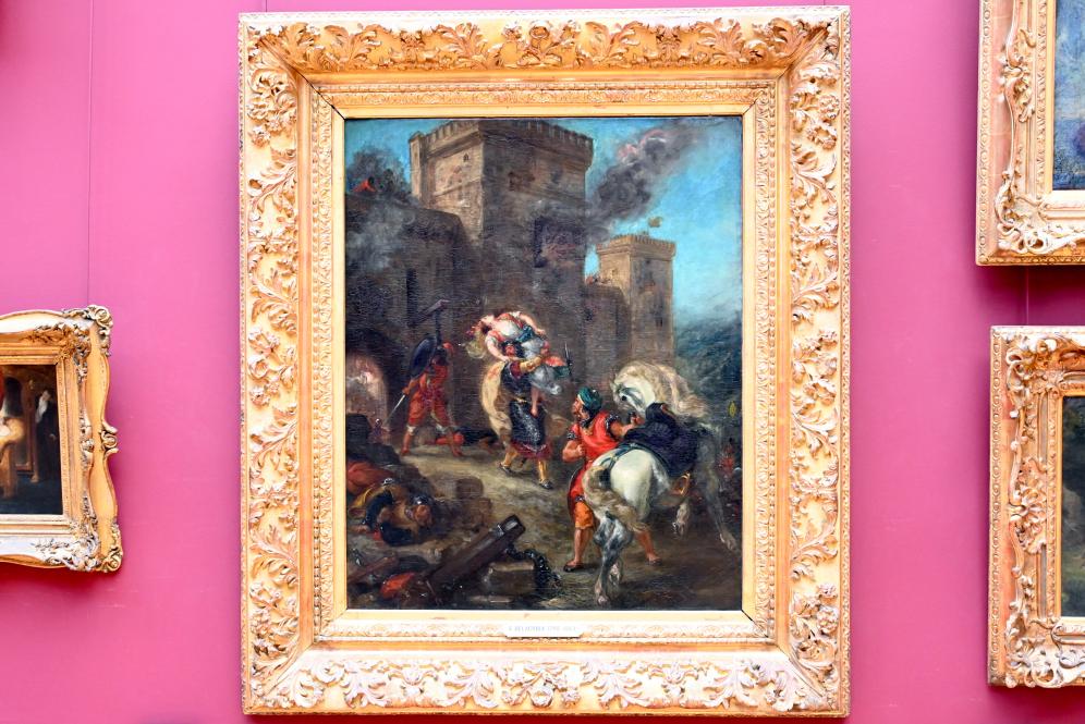 Eugène Delacroix (1820–1862), Rebekka wird von den Templern während der Plünderung der Burg Frondeboeuf entführt (Entführung der Rebekka), Paris, Musée du Louvre, Saal 942, vor 1859