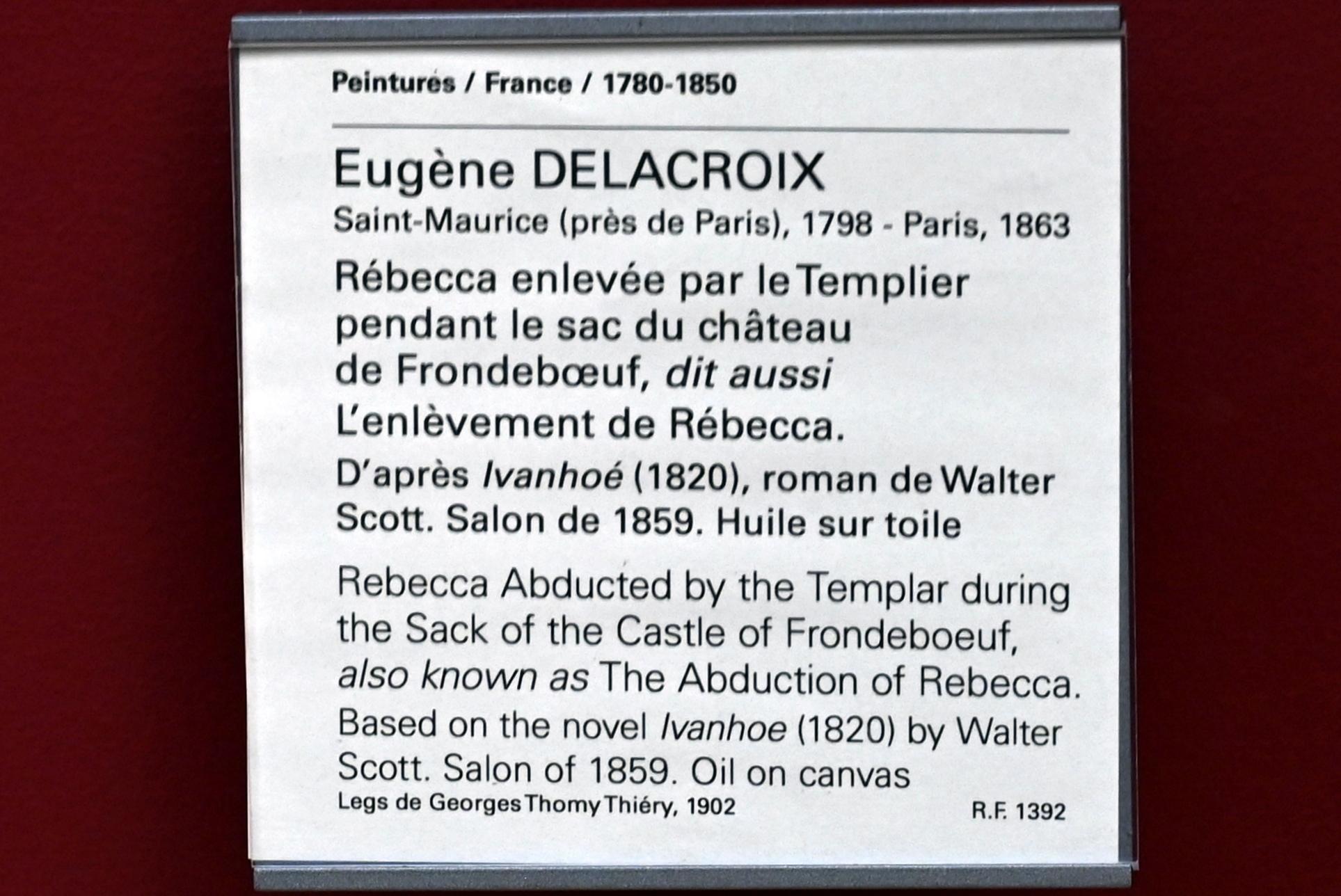 Eugène Delacroix (1820–1862), Rebekka wird von den Templern während der Plünderung der Burg Frondeboeuf entführt (Entführung der Rebekka), Paris, Musée du Louvre, Saal 942, vor 1859, Bild 2/2