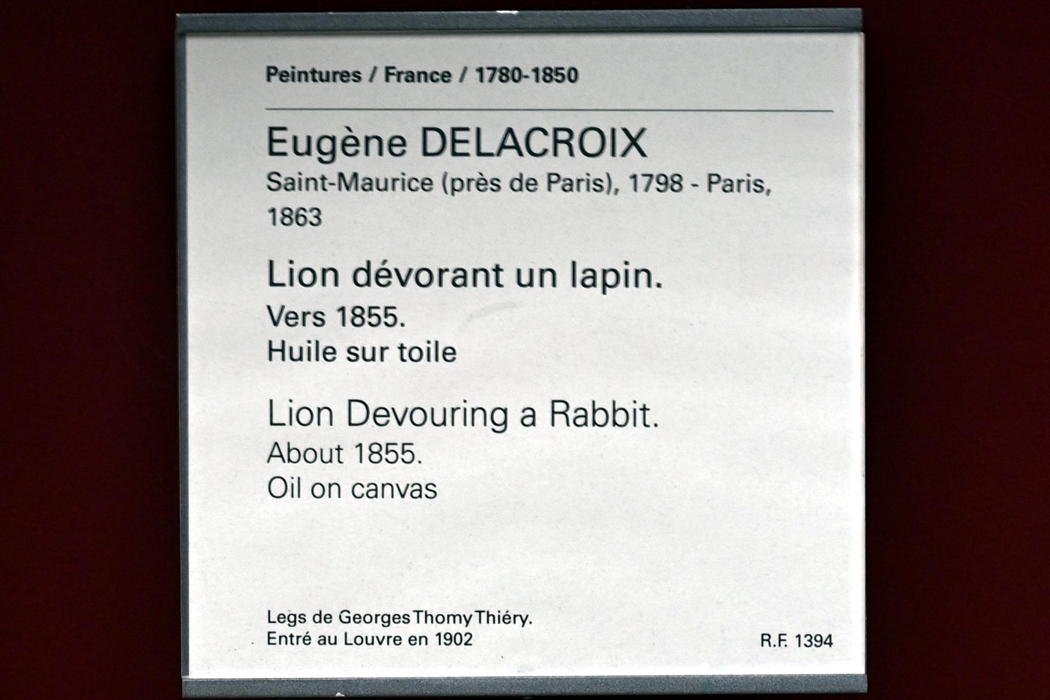 Eugène Delacroix (1820–1862), Löwe verschlingt ein Kaninchen, Paris, Musée du Louvre, Saal 942, um 1855, Bild 2/2