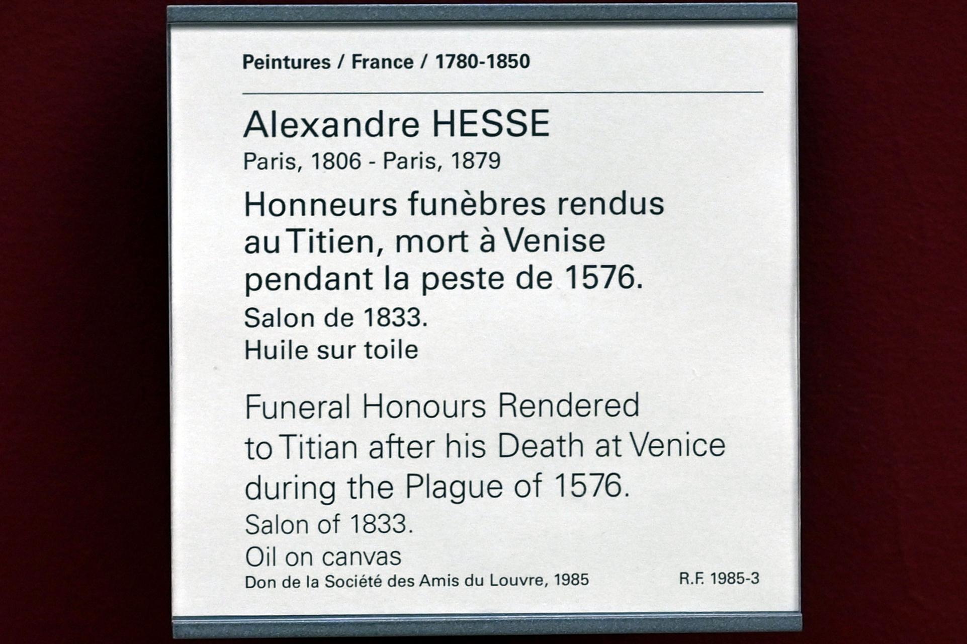 Alexandre Hesse (1832), Begräbnisfeier für Tizian, der während der Pest von 1576 in Venedig starb, Paris, Musée du Louvre, Saal 942, vor 1833, Bild 2/2