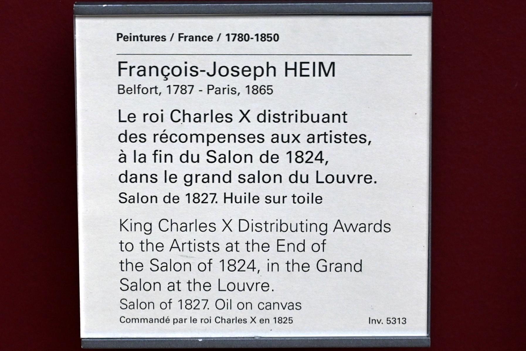 François-Joseph Heim (1816–1826), König Karl X. verteilt Auszeichnungen an Künstler am Ende des Salons von 1824 im großen Salon des Louvre, Paris, Musée du Louvre, Saal 942, vor 1827, Bild 2/2