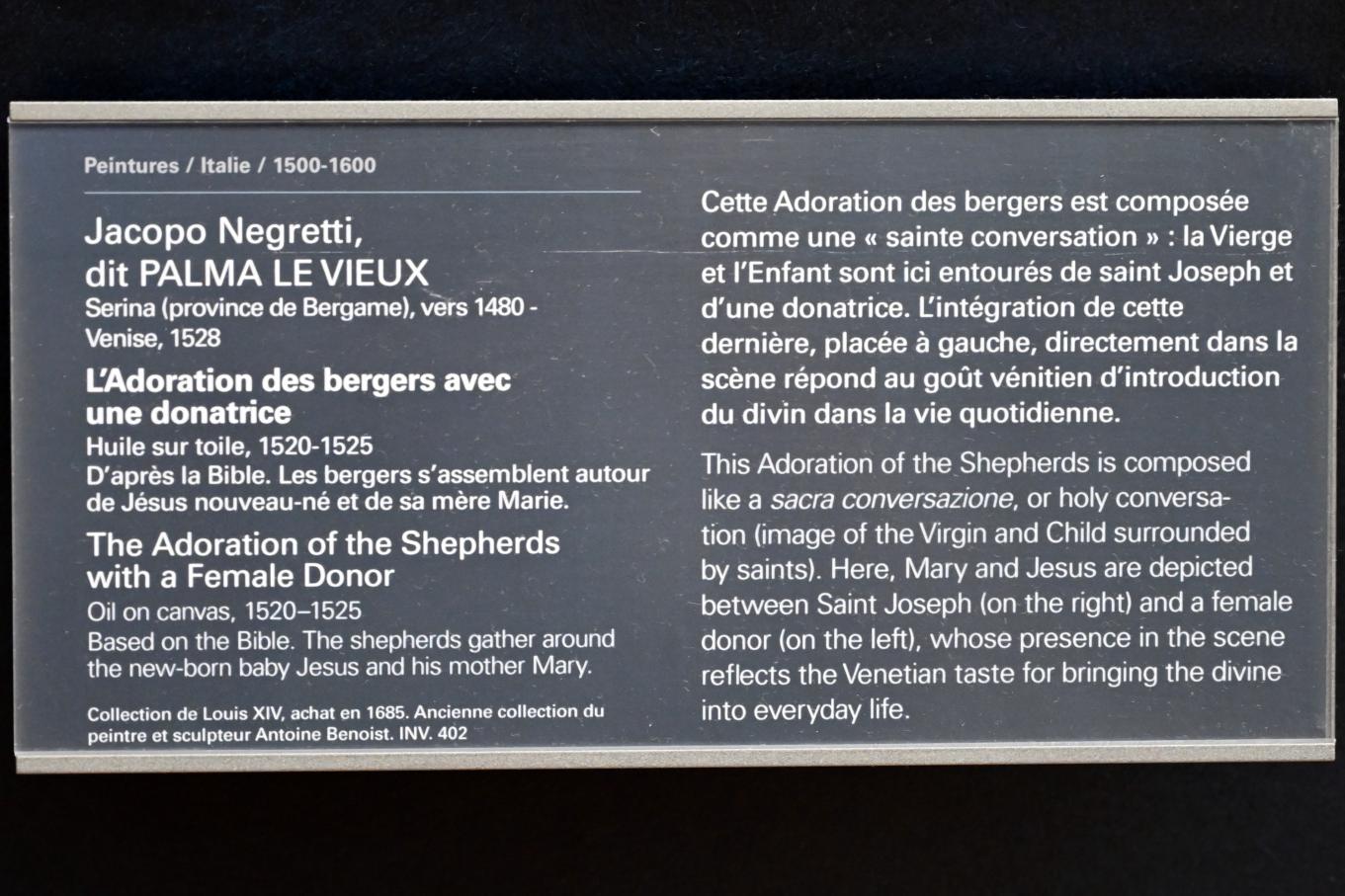 Jacopo Palma il Vecchio (Jacomo Nigretti de Lavalle) (1500–1526), Anbetung der Hirten mit einem Stifter, Paris, Musée du Louvre, Saal 711, 1520–1525, Bild 2/2