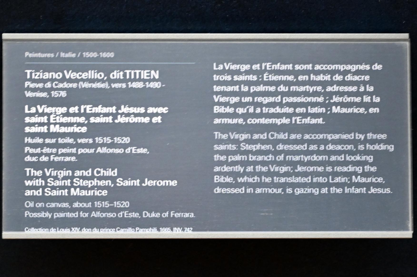 Tiziano Vecellio (Tizian) (1509–1575), Maria mit Kind und den heiligen Stephanus, Hieronymus und Mauritius, Paris, Musée du Louvre, Saal 711, um 1515–1520, Bild 2/2