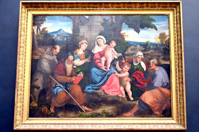 Bonifacio Veronese (1530–1533), Die Heilige Familie mit den Heiligen Franz von Assisi, Antonius Abbas, Maria Magdalena, dem Johannesknaben und Elisabeth, Paris, Musée du Louvre, Saal 711, um 1533