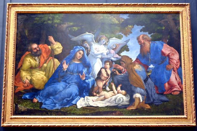 Lorenzo Lotto (1503–1549), Die Heilige Familie mit drei Engeln, dem Johannesknaben, der Heiligen Elisabeth und dem Heiligen Zacharias, Paris, Musée du Louvre, Saal 711, um 1536–1537