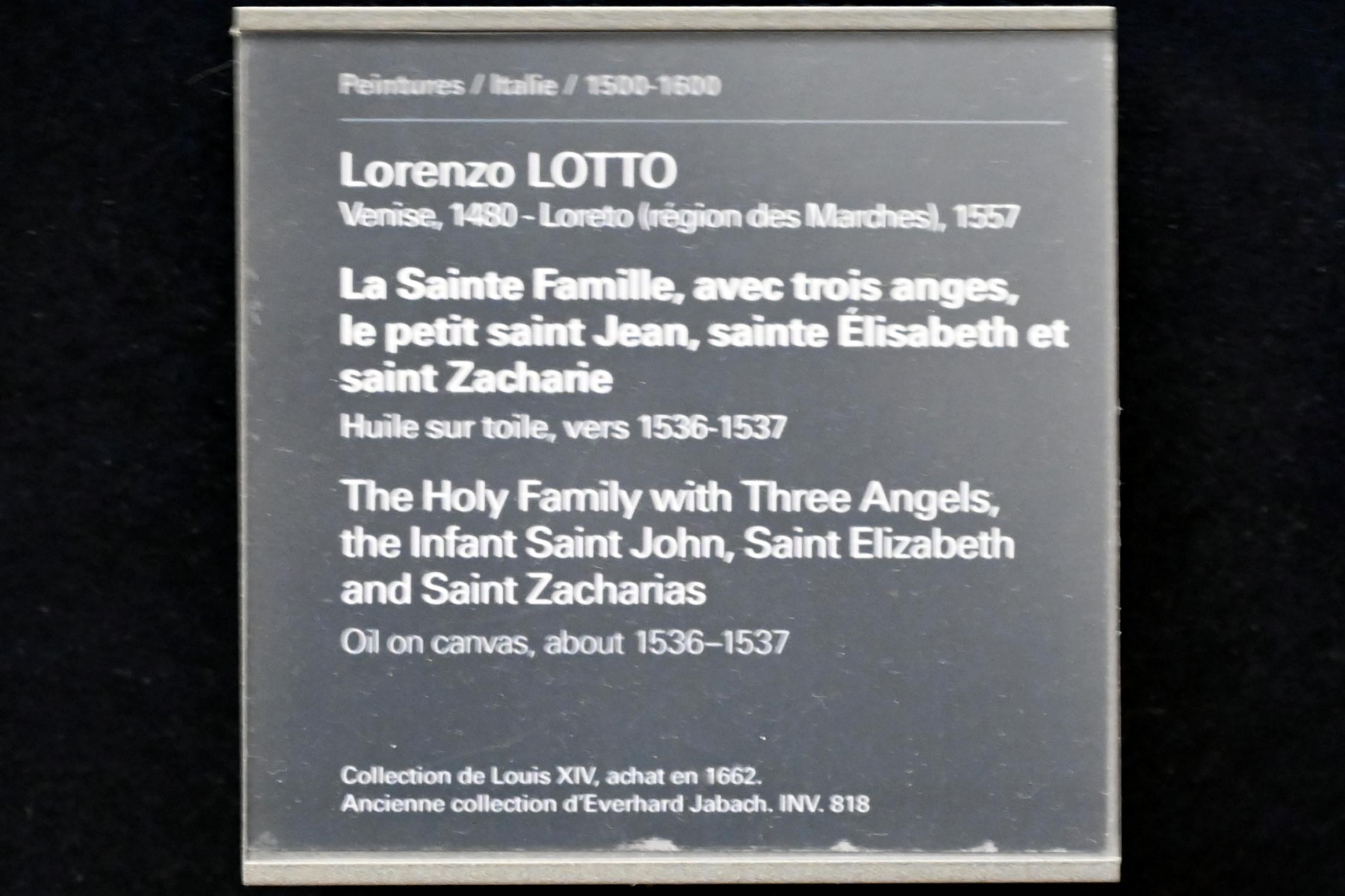 Lorenzo Lotto (1503–1549), Die Heilige Familie mit drei Engeln, dem Johannesknaben, der Heiligen Elisabeth und dem Heiligen Zacharias, Paris, Musée du Louvre, Saal 711, um 1536–1537, Bild 2/2