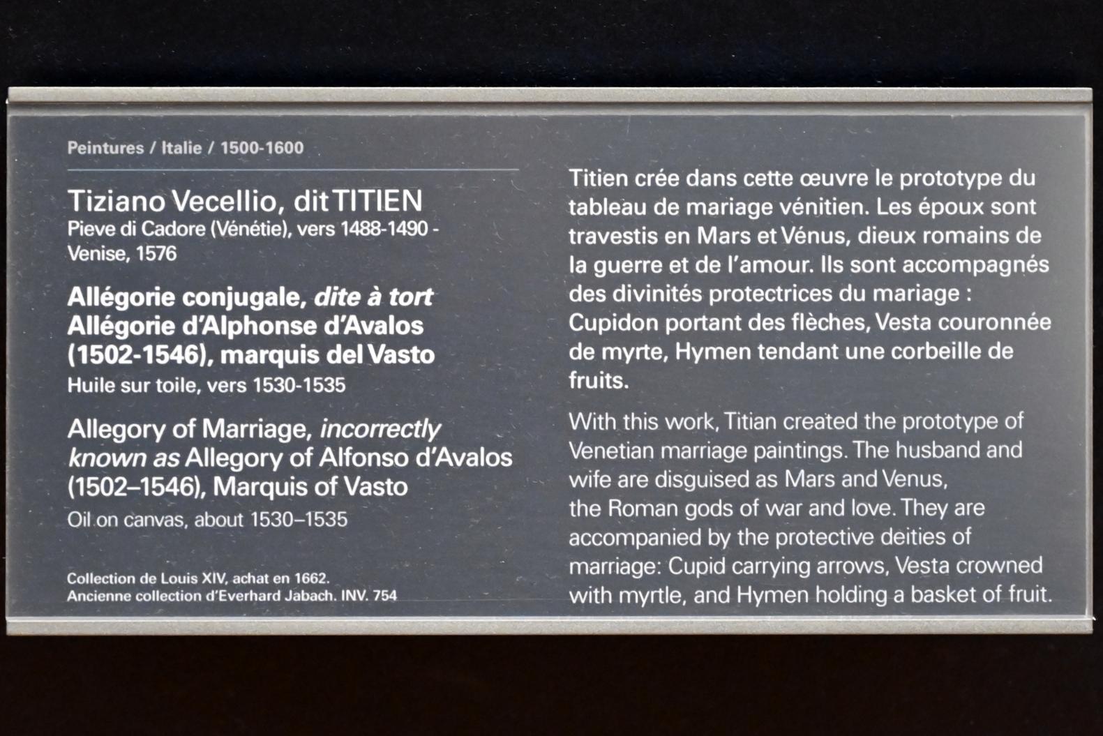 Tiziano Vecellio (Tizian) (1509–1575), Allegorie der Ehe (fälschlich Allegorie von Alfonso d'Avalos (1502-1546)), Paris, Musée du Louvre, Saal 711, um 1530–1535, Bild 2/2
