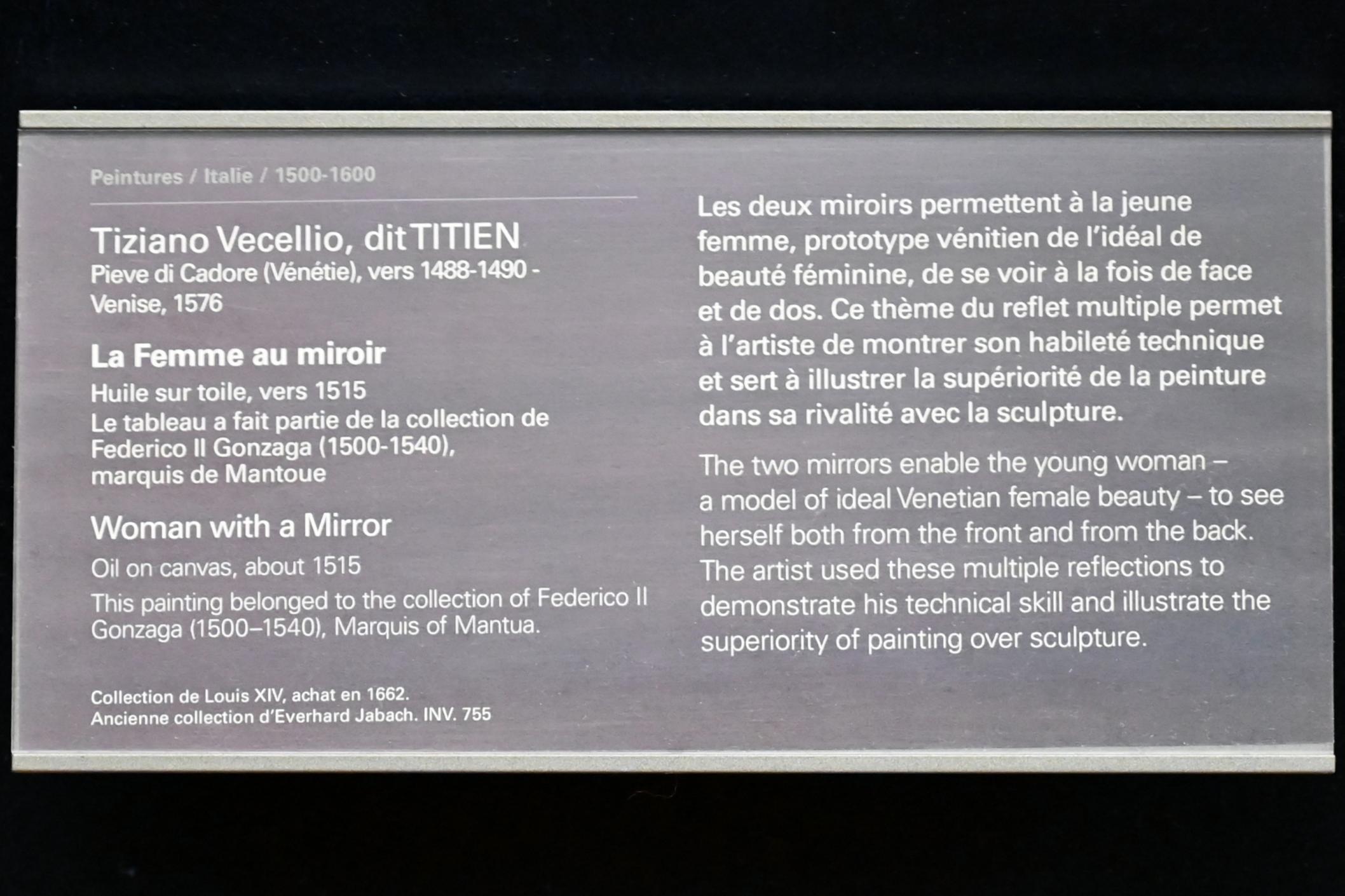 Tiziano Vecellio (Tizian) (1509–1575), Frau mit einem Spiegel, Paris, Musée du Louvre, Saal 711, um 1515, Bild 2/2