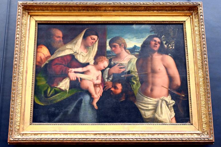 Sebastiano del Piombo (1507–1525), Die Heilige Familie mit der heiligen Katharina von Alexandrien, dem heiligen Sebastian und einem Stifter, Paris, Musée du Louvre, Saal 711, um 1507–1508