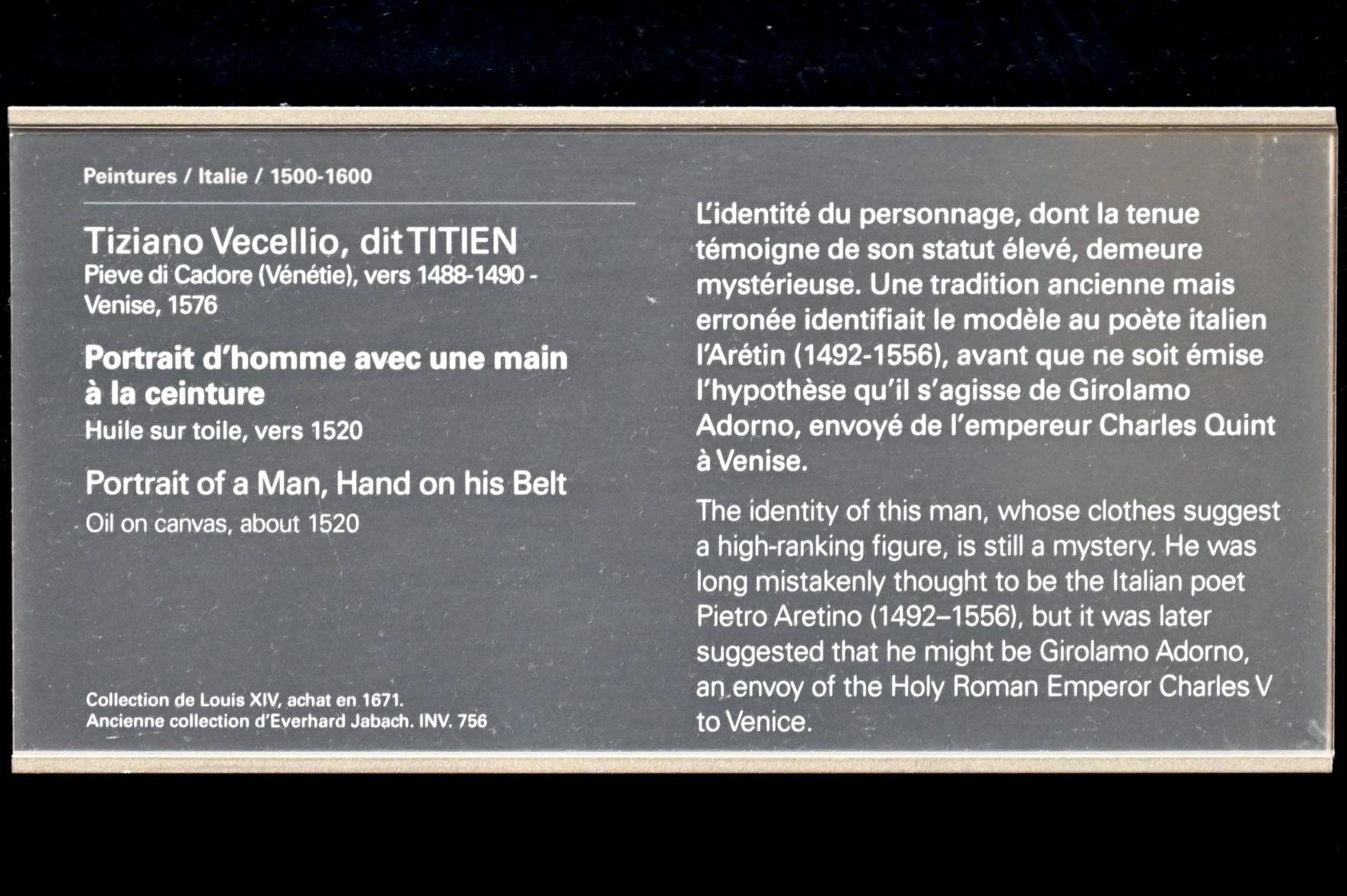 Tiziano Vecellio (Tizian) (1509–1575), Porträt eines Mannes mit einer Hand an seinem Gürtel, Paris, Musée du Louvre, Saal 711, um 1520, Bild 2/2