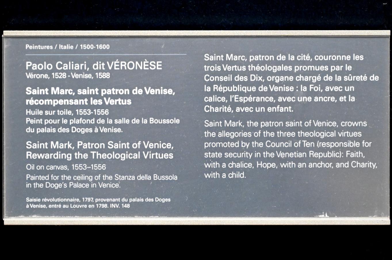 Paolo Caliari (Veronese) (1547–1587), Der heilige Markus, Schutzpatron von Venedig, zeichnet die Tugenden aus, Venedig, Dogenpalast (Palazzo Ducale), jetzt Paris, Musée du Louvre, Saal 711, 1553–1556, Bild 2/2