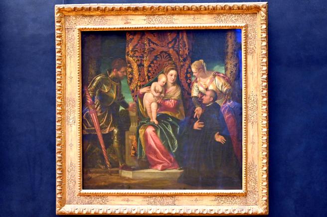 Paolo Caliari (Veronese) (1547–1587), Die Jungfrau und das Kind zwischen der Heiligen Justina und dem Heiligen Georg mit einem knienden Benediktinerstifter, Paris, Musée du Louvre, Saal 711, um 1554, Bild 1/2