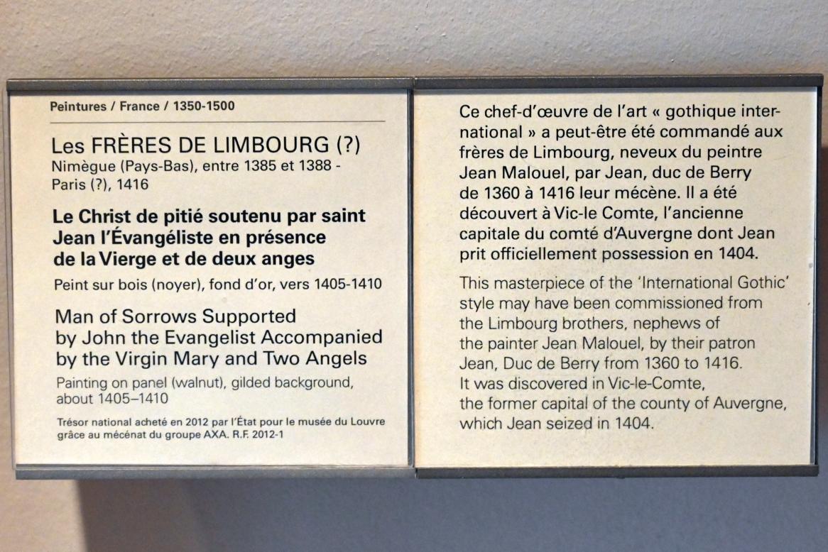 Brüder von Limburg (1407), Schmerzensmann, gestützt von Johannes dem Evangelisten, begleitet von der Jungfrau Maria und zwei Engeln, Paris, Musée du Louvre, Saal 834, um 1405–1410, Bild 2/2