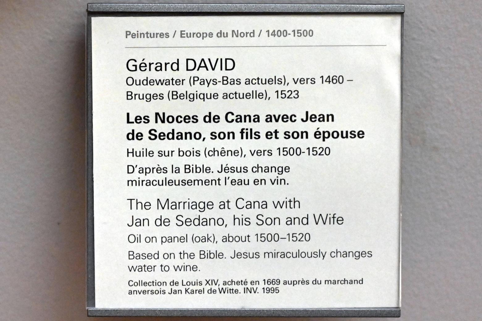 Gerard David (1475–1519), Die Hochzeit zu Kana mit Jean de Sedano, seinem Sohn und seiner Frau, Paris, Musée du Louvre, Saal 818, um 1500–1520, Bild 2/2