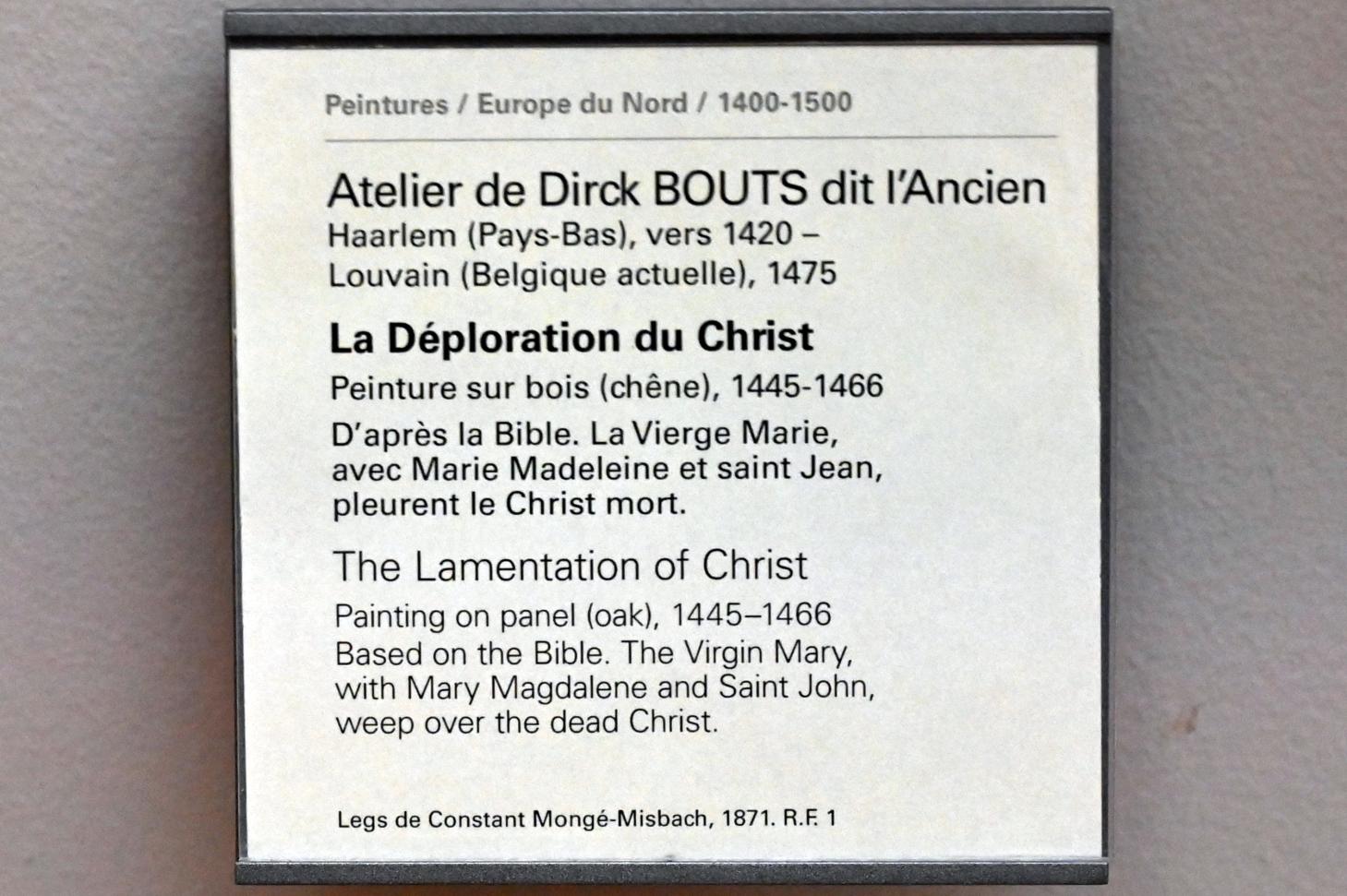 Dieric Bouts d.Ä. (Werkstatt) (1455–1487), Beweinung Christi, Paris, Musée du Louvre, Saal 818, 1445–1466, Bild 2/2