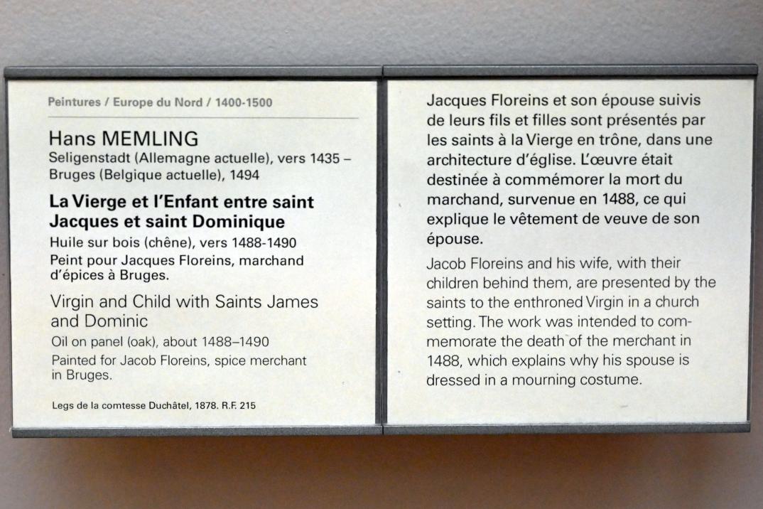 Hans Memling (1467–1491), Maria mit Kind zwischen dem Heiligen Jakobus und dem Heiligen Dominikus, Paris, Musée du Louvre, Saal 818, um 1488–1490, Bild 2/2