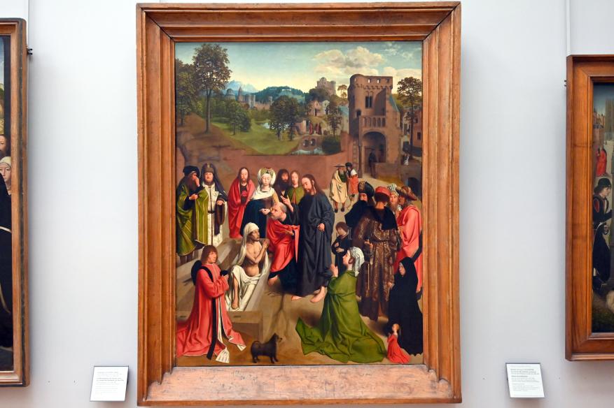 Geertgen tot Sint Jans (1482–1490), Die Auferweckung des Lazarus mit einem Stifterpaar und ihrer Tochter, Paris, Musée du Louvre, Saal 818, um 1480–1485