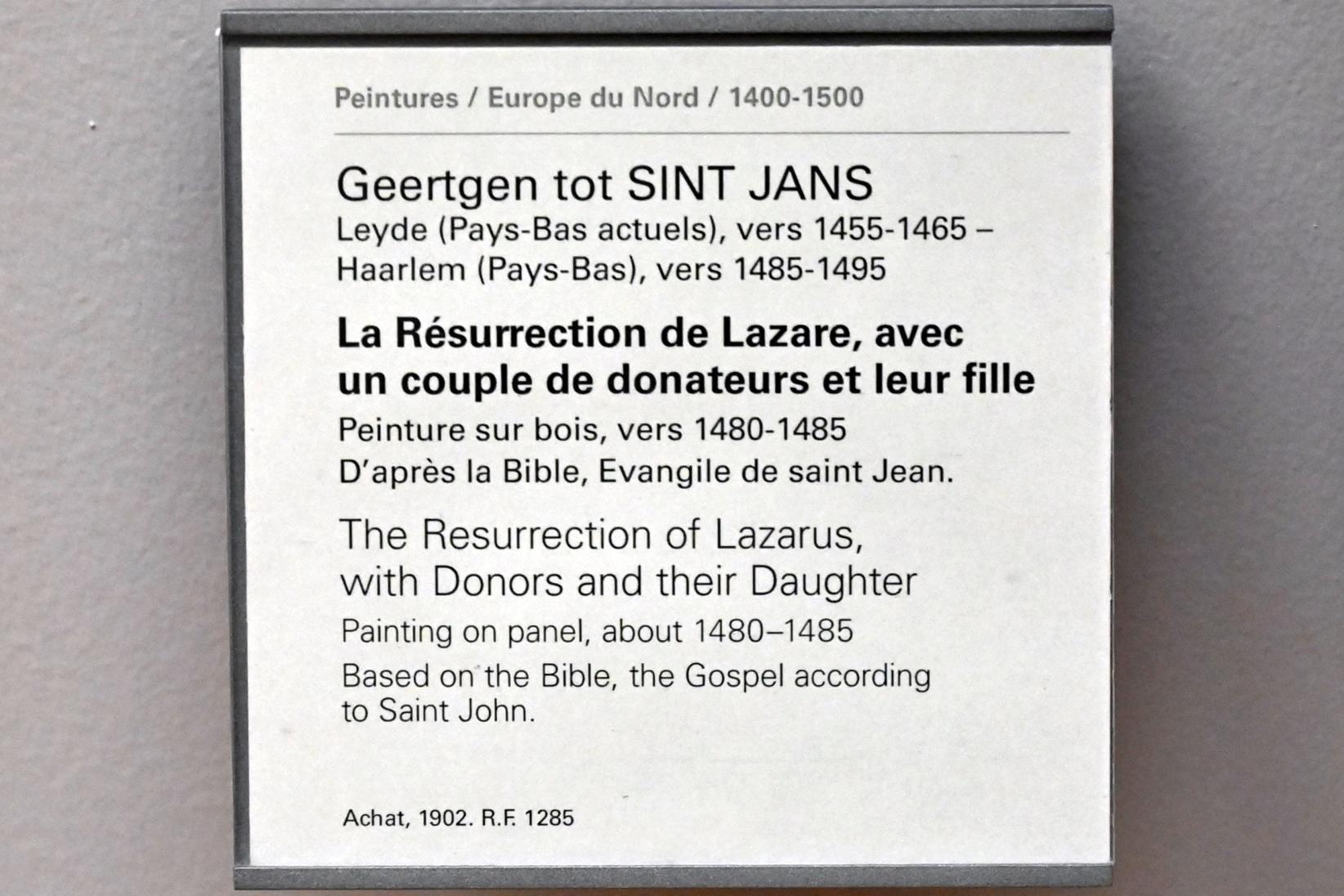 Geertgen tot Sint Jans (1482–1490), Die Auferweckung des Lazarus mit einem Stifterpaar und ihrer Tochter, Paris, Musée du Louvre, Saal 818, um 1480–1485, Bild 2/2