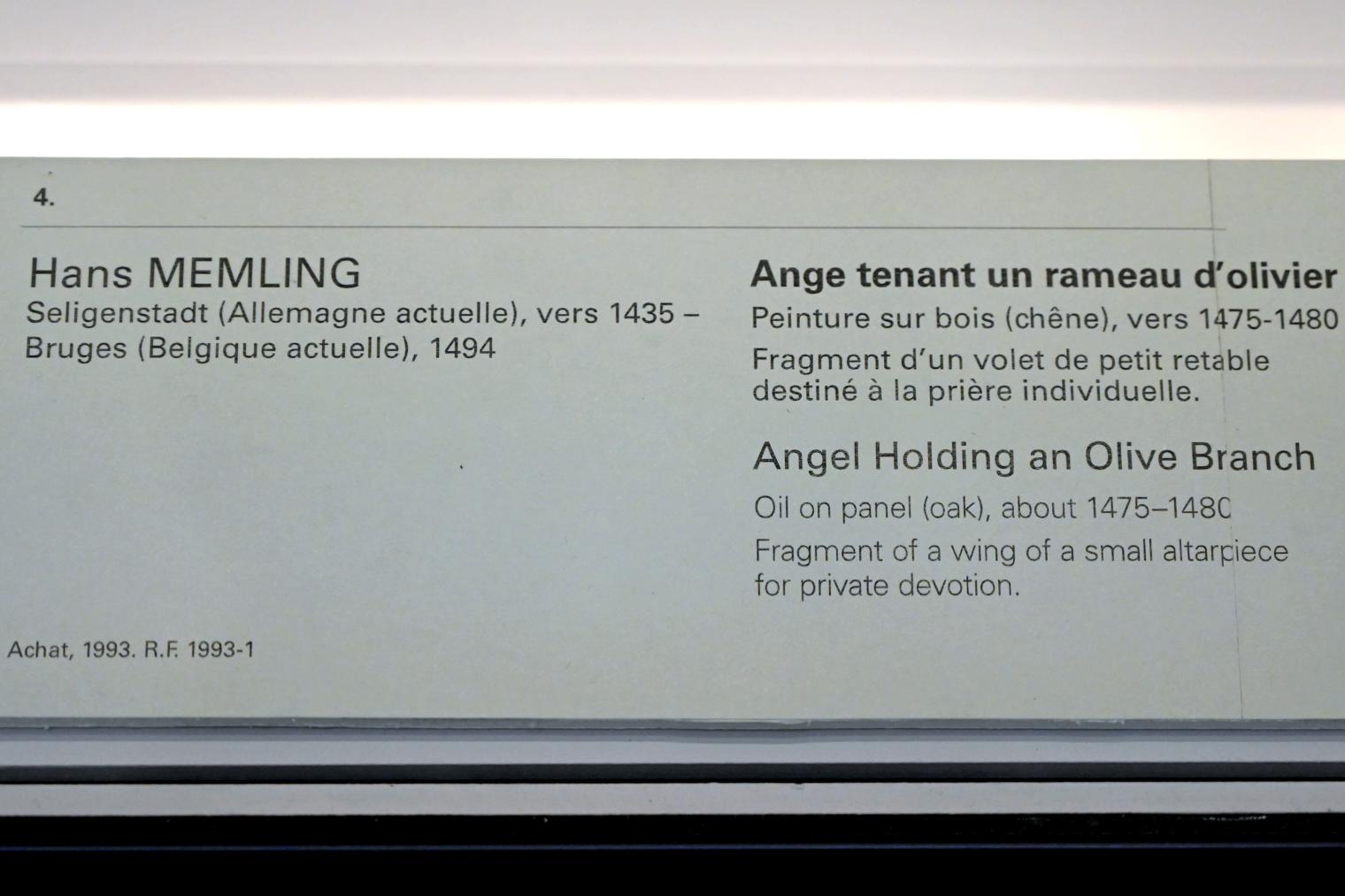 Hans Memling (1467–1491), Engel mit einem Olivenzweig, Paris, Musée du Louvre, Saal 818, um 1475–1480, Bild 2/2
