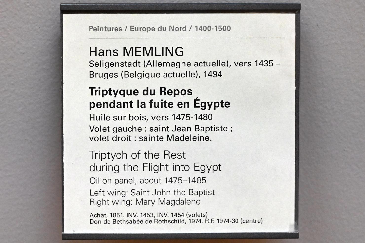 Hans Memling (1467–1491), Triptychon der Ruhe auf der Flucht nach Ägypten, Paris, Musée du Louvre, Saal 818, um 1475–1480, Bild 2/2