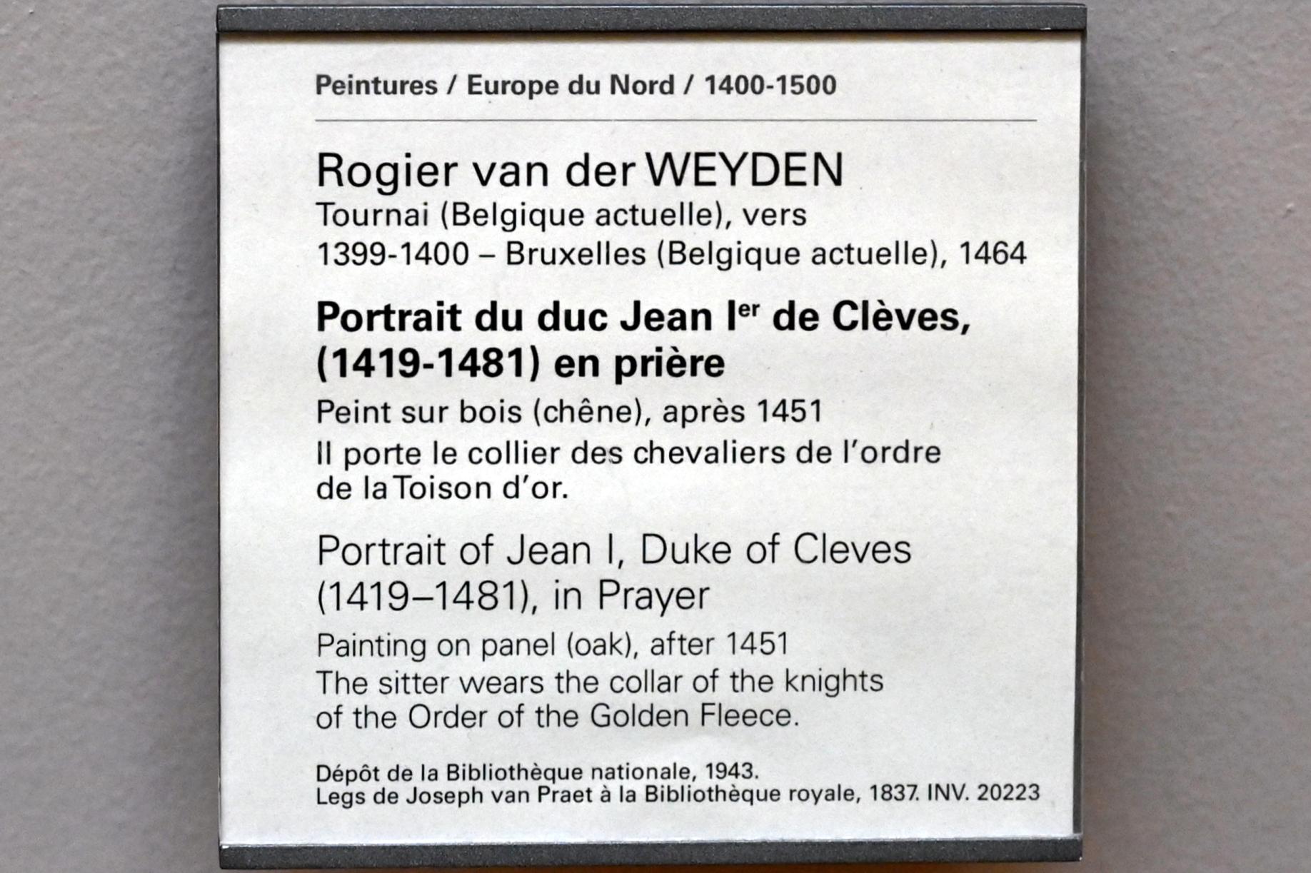 Rogier van der Weyden (1433–1464), Porträt des Herzog Johann I. von Kleve (1419-1481) im Gebet, Paris, Musée du Louvre, Saal 818, nach 1451, Bild 2/2