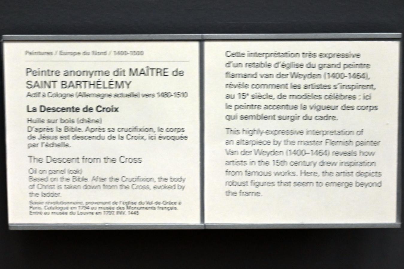 Meister des Bartholomäusaltars (1477–1507), Kreuzabnahme, Paris, Kirche von Val-de-Grâce, jetzt Paris, Musée du Louvre, Saal 819, um 1480–1510, Bild 2/2