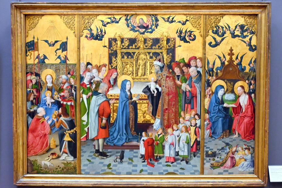 Jüngerer Meister der Heiligen Sippe (1480–1514), Altar der Sieben Freuden Mariens, Köln, ehem. Benediktinerinnenkloster zu den heiligen Makkabäern, jetzt Paris, Musée du Louvre, Saal 819, um 1480