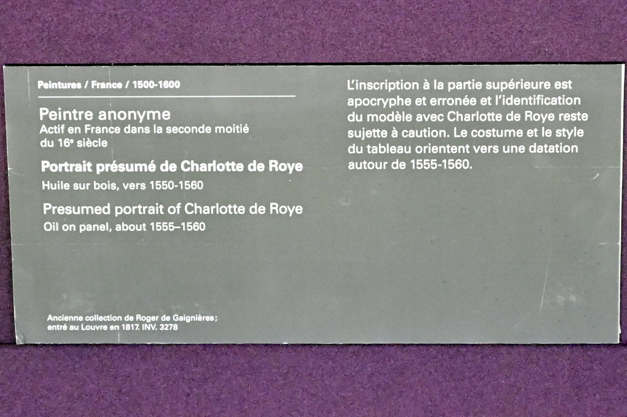 Vermutliches Porträt der Charlotte de Roye, Paris, Musée du Louvre, Saal 822, um 1555–1560, Bild 2/2