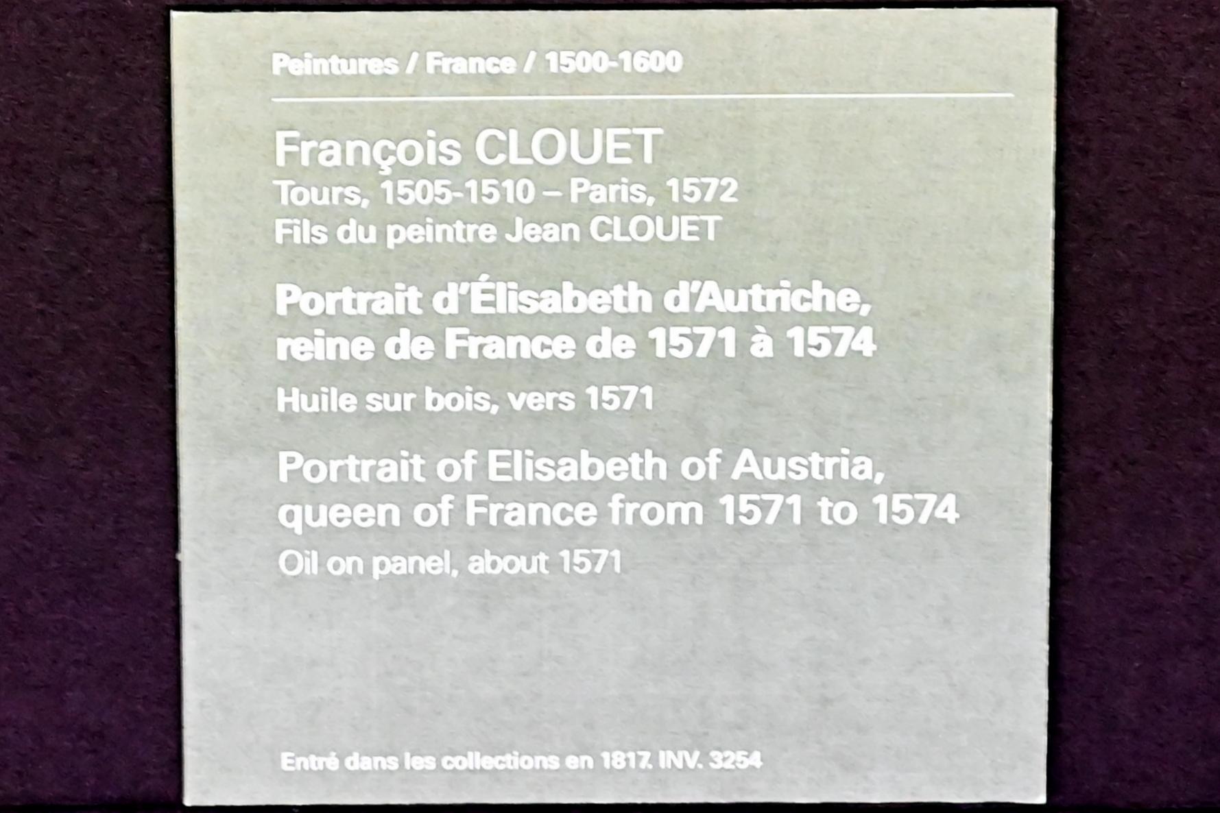 François Clouet (1570–1571), Porträt der Elisabeth von Österreich, Königin von Frankreich von 1571 bis 1574, Paris, Musée du Louvre, Saal 822, um 1571, Bild 2/2