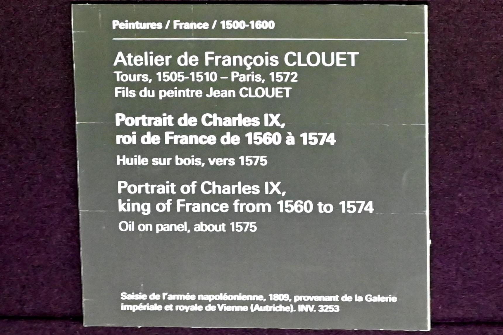 François Clouet (Werkstatt) (1555–1575), Porträt des Karl IX., König von Frankreich von 1560 bis 1574, Paris, Musée du Louvre, Saal 822, 1575, Bild 2/2
