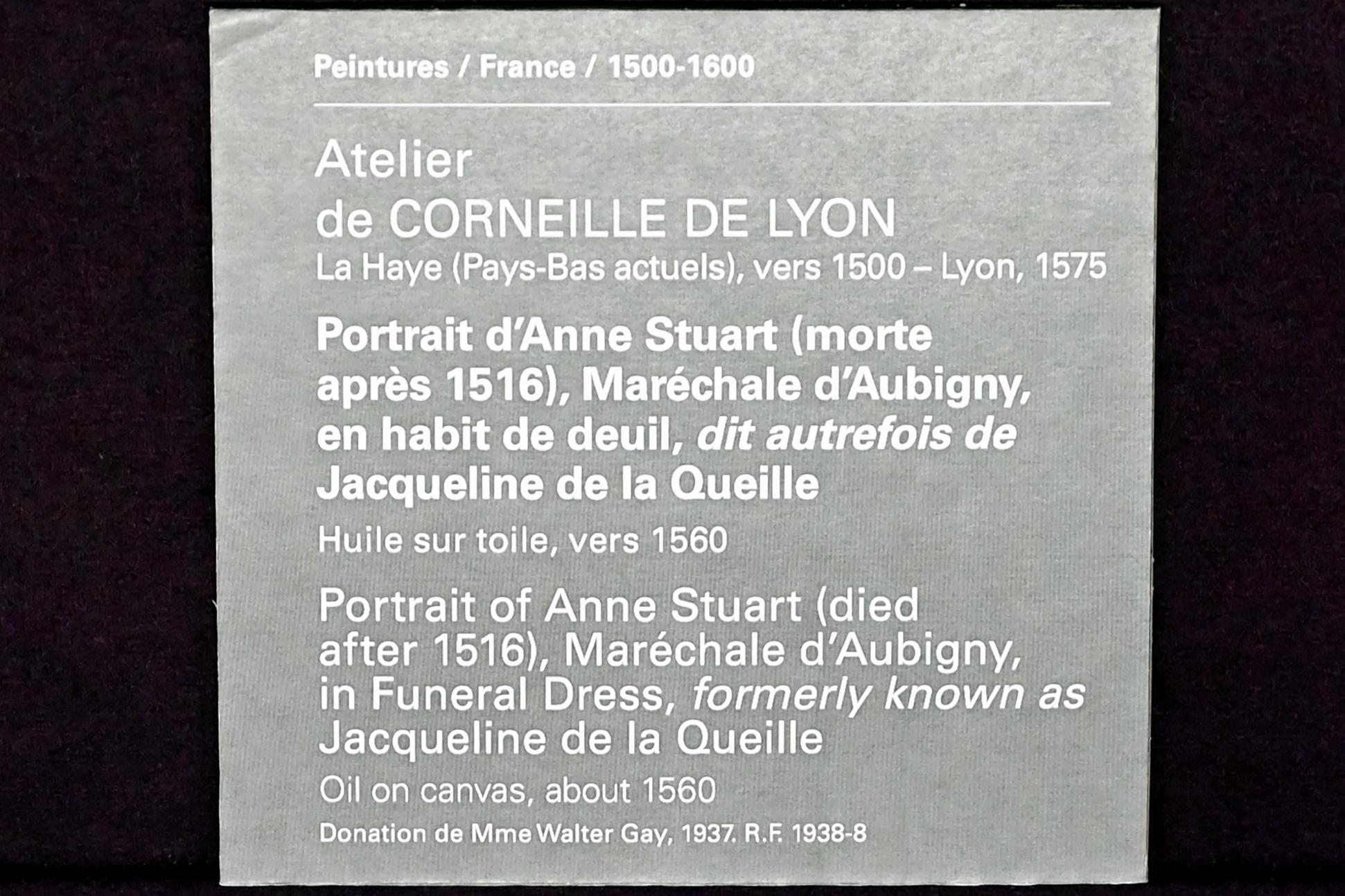Corneille de Lyon (Werkstatt) (1536–1560), Porträt der Anne Stuart (gestorben nach 1516), Marschallin von Aubigny, in Trauerkleidung, früher bekannt als Jacqueline de la Queille, Paris, Musée du Louvre, Saal 822, um 1560, Bild 2/2