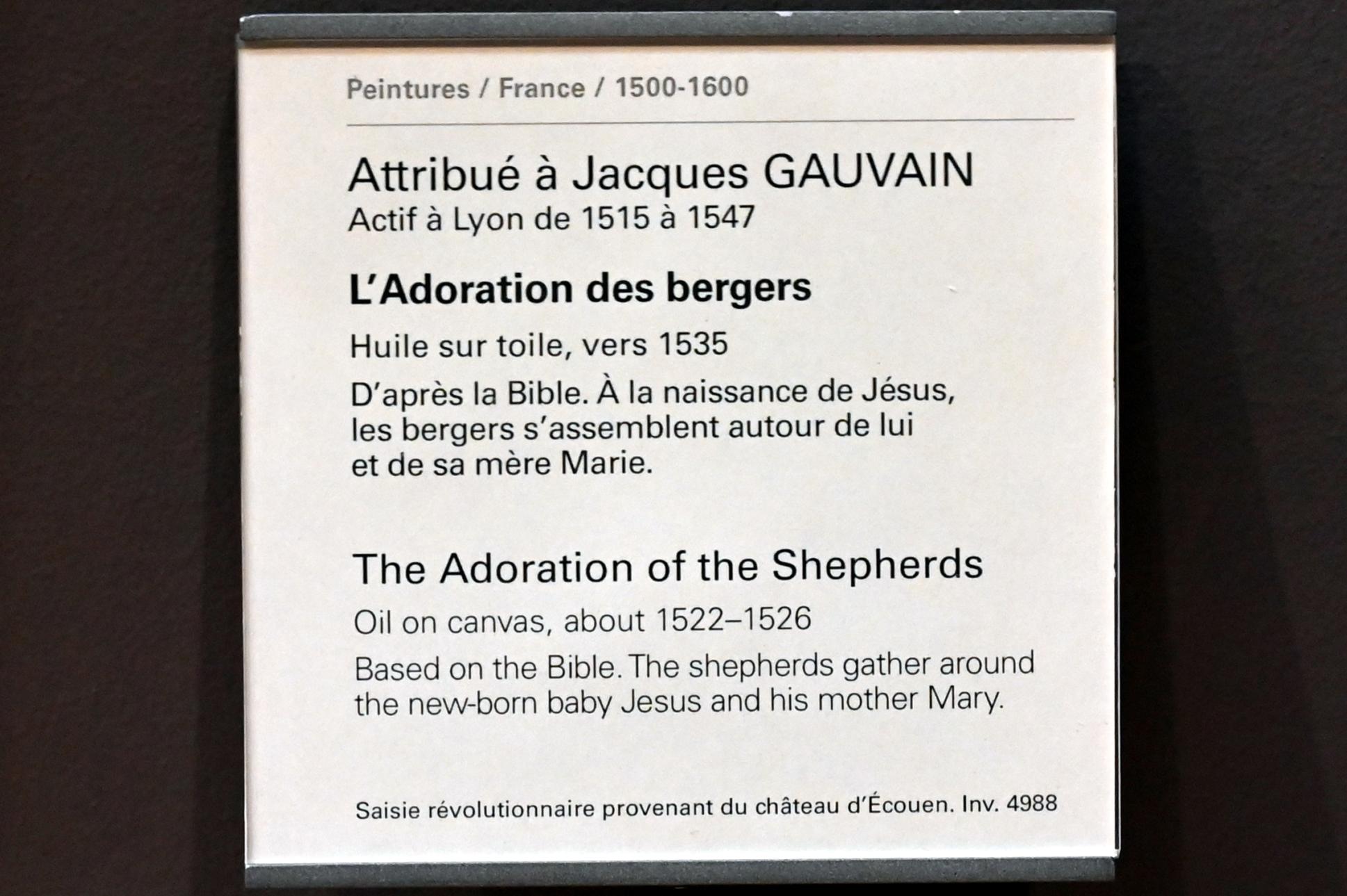 Jacques Gauvain (Meister J.G.) (1535), Anbetung der Hirten, Paris, Musée du Louvre, Saal 823, um 1535, Bild 2/2