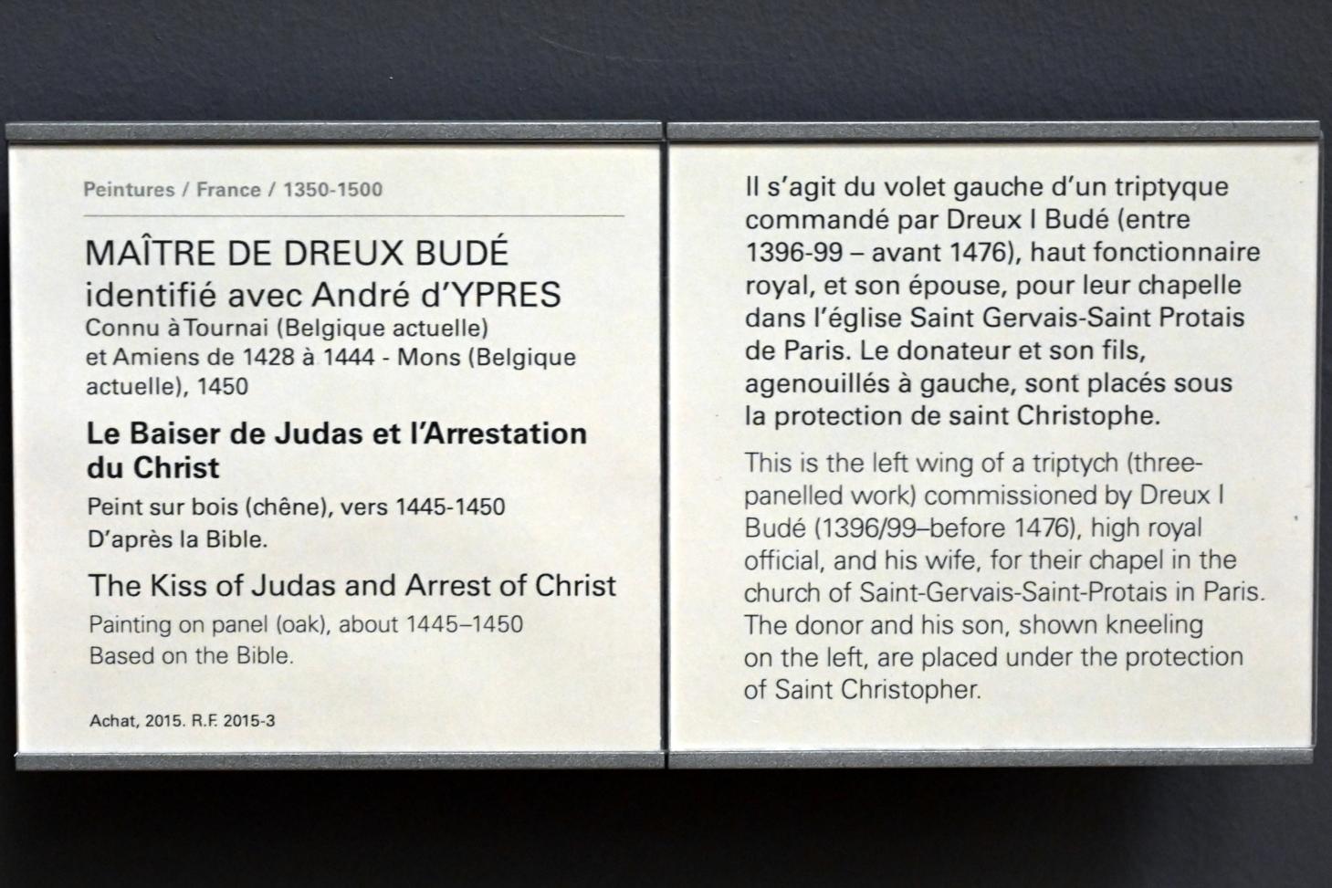 Meister des Dreux Budé (André d’Ypres ?) (1447–1449), Judaskuss und Verhaftung Jesu, Paris, Kirche St-Gervais-St-Protais, jetzt Paris, Musée du Louvre, Saal 820, um 1445–1450, Bild 2/2