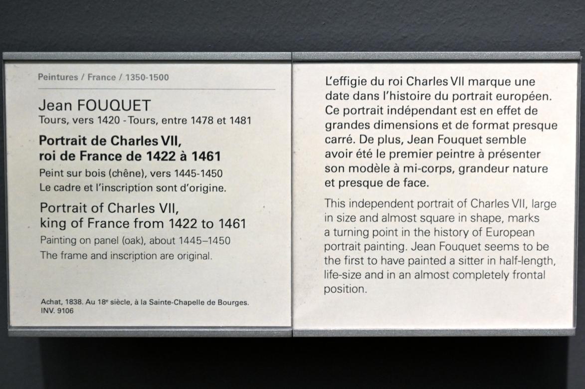 Jean Fouquet (1442–1465), Porträt des Karl VII., König von Frankreich von 1422 bis 1461, Paris, Musée du Louvre, Saal 820, um 1445–1450, Bild 2/2