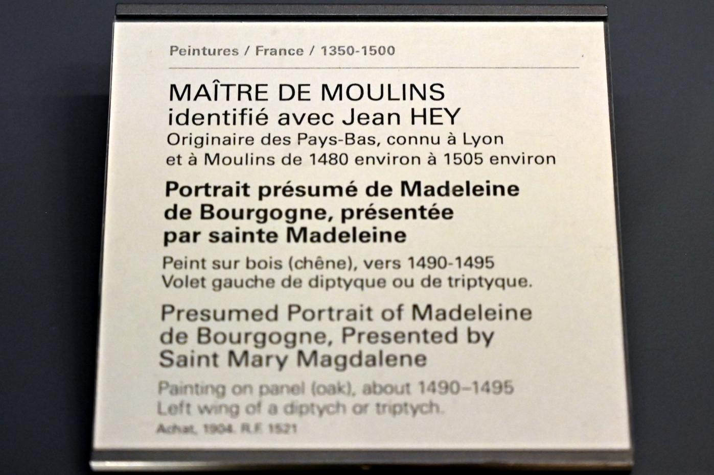 Jean Hey (Meister von Moulins) (1482–1494), Vermutliches Porträt der Madeleine de Bourgogne, empfohlen von der Heiligen Maria Magdalena, Paris, Musée du Louvre, Saal 820, um 1490–1495, Bild 2/2