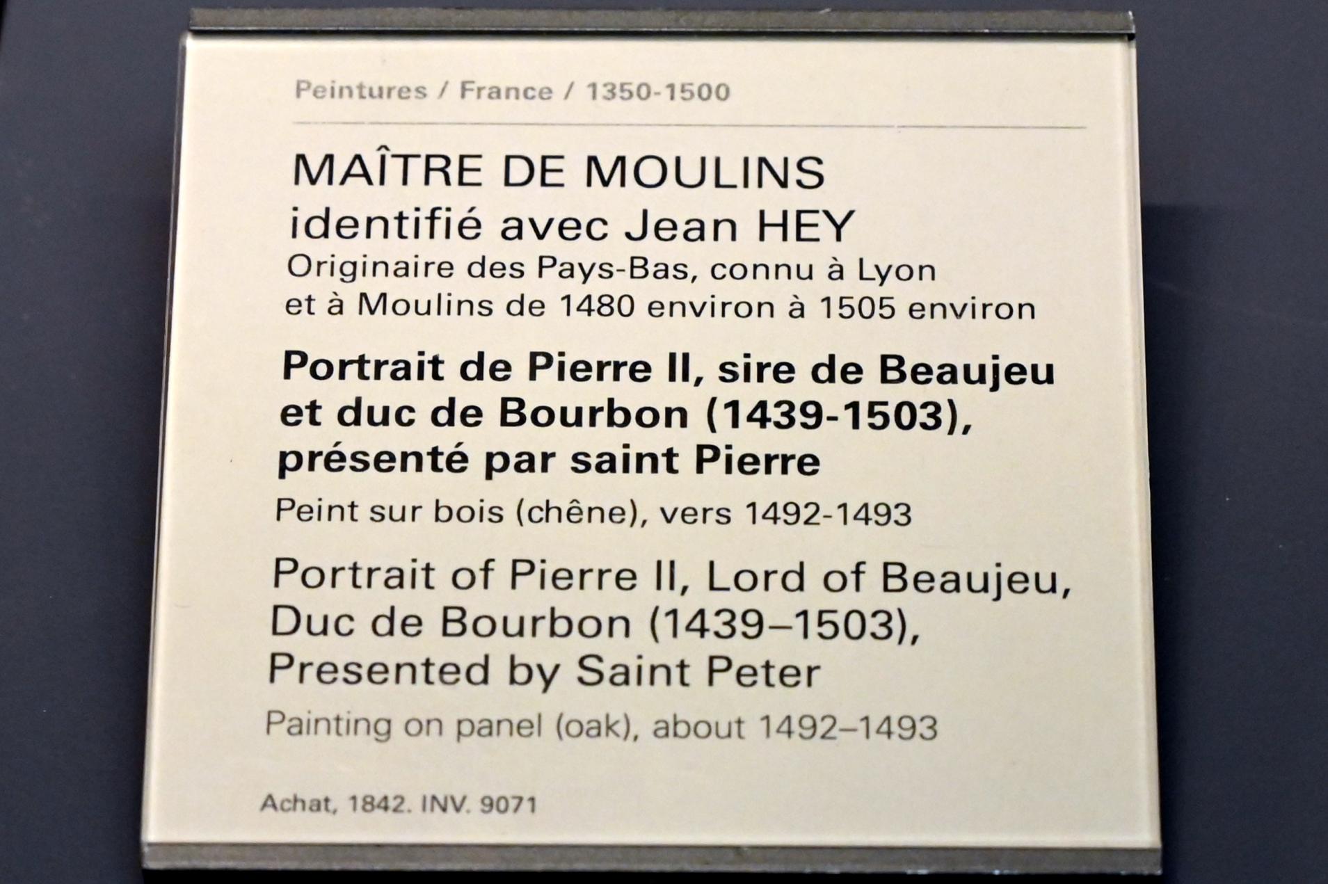 Jean Hey (Meister von Moulins) (1482–1494), Porträt des Pierre II. de Bourbon, Herr von Beaujeu, Herzog von Bourbon (1439-1503), anempfohlen vom Heiligen Petrus, Paris, Musée du Louvre, Saal 820, um 1492–1493, Bild 2/2