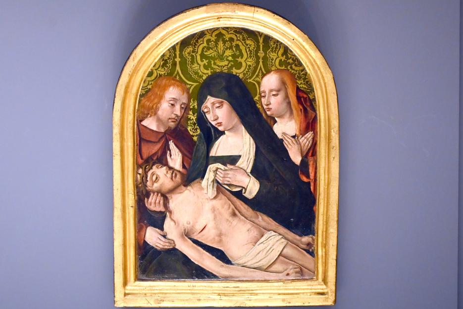 Jean Hey (Meister von Moulins) (Umkreis) (1495), Pietà mit dem heiligen Johannes und der heiligen Maria Magdalena, Paris, Musée du Louvre, Saal 820, um 1490–1500
