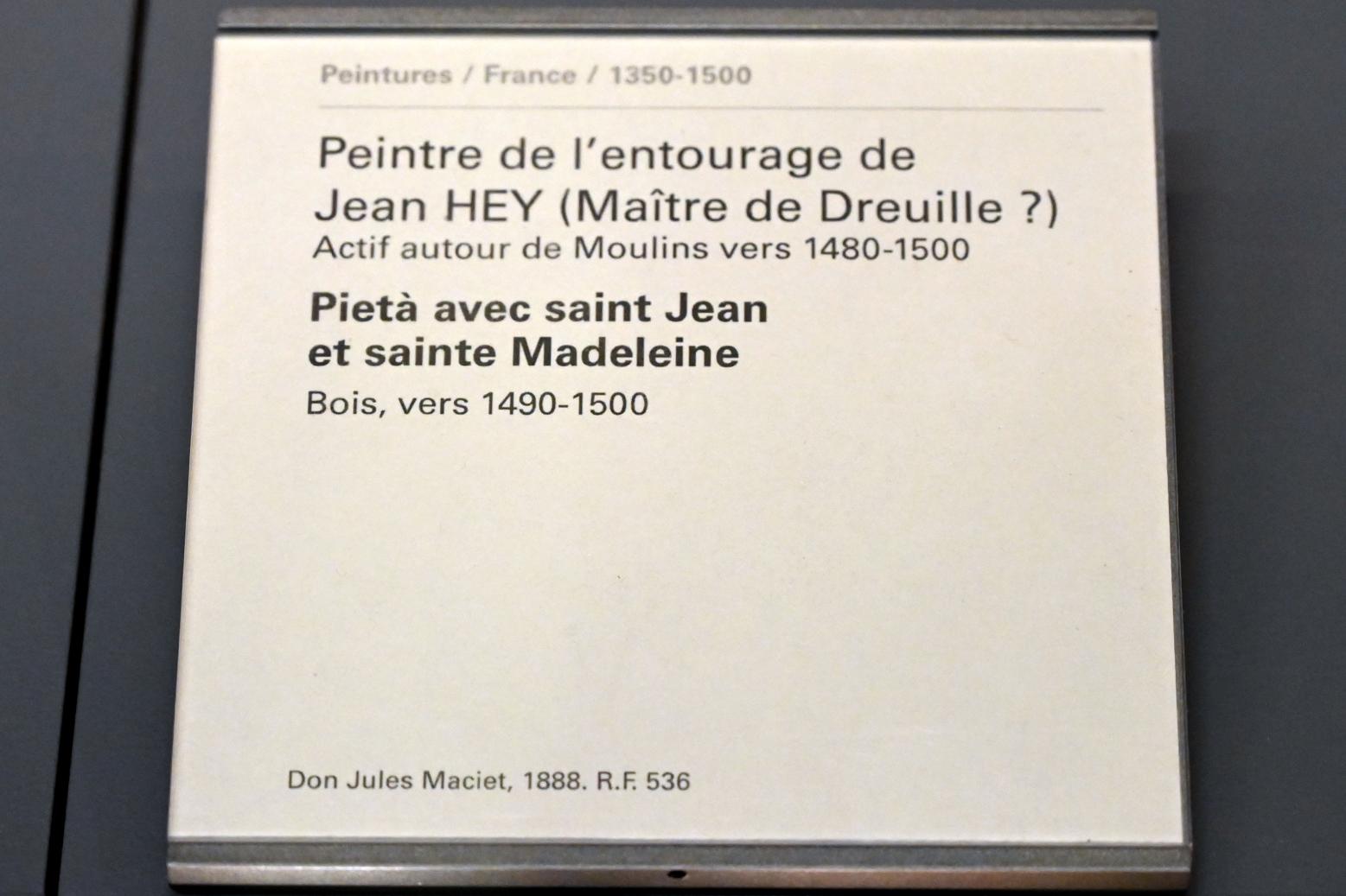 Jean Hey (Meister von Moulins) (Umkreis) (1495), Pietà mit dem heiligen Johannes und der heiligen Maria Magdalena, Paris, Musée du Louvre, Saal 820, um 1490–1500, Bild 2/2