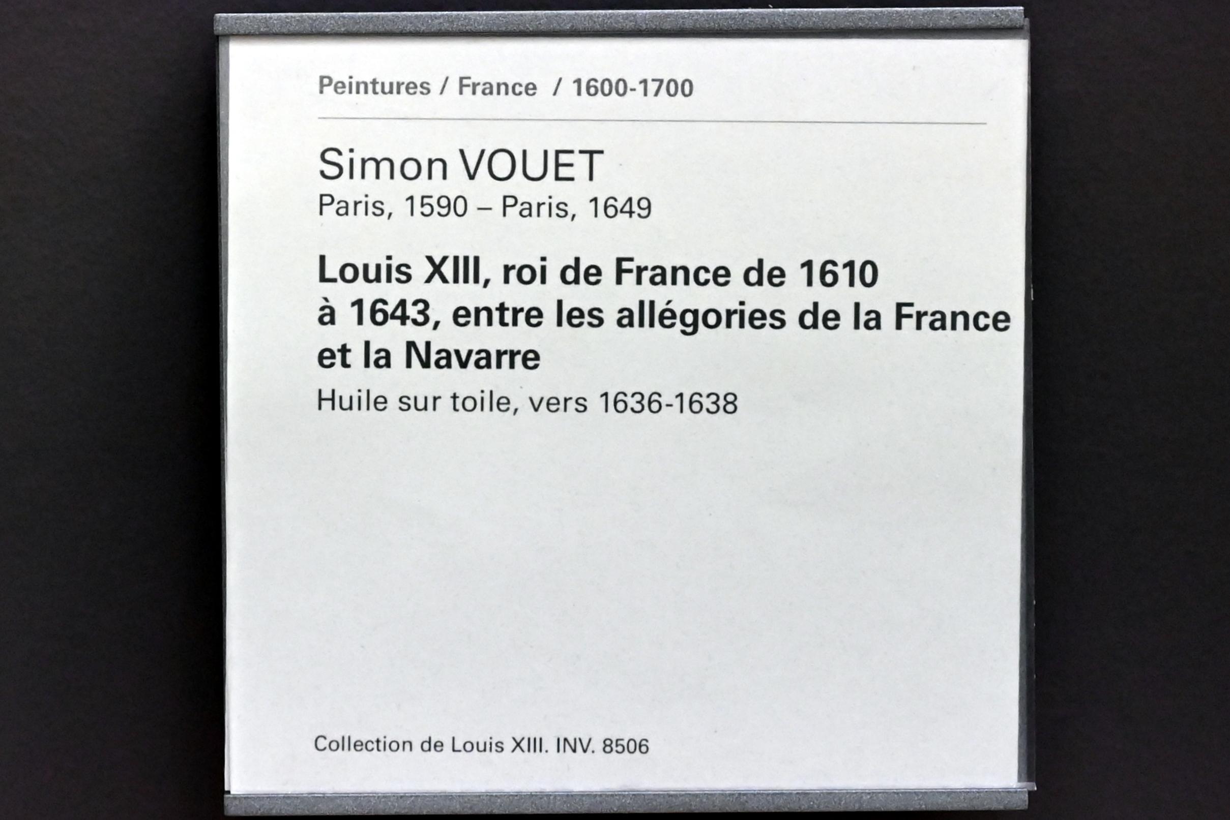 Simon Vouet (1616–1649), Ludwig XIII., König von Frankreich von 1610 bis 1643, zwischen den Allegorien Frankreichs und Navarra, Paris, Musée du Louvre, Saal 828, um 1636–1638, Bild 2/2