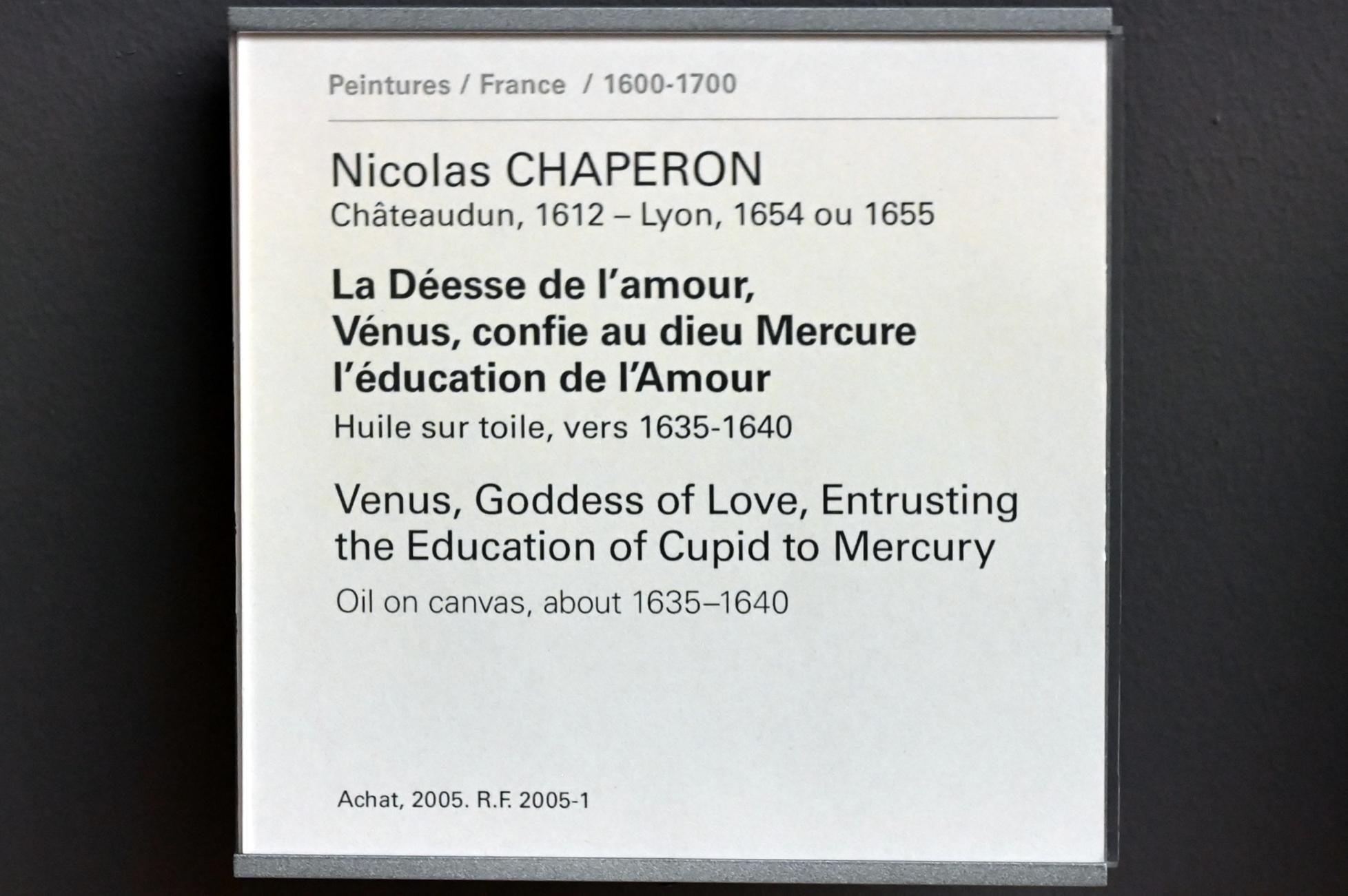 Nicolas Chaperon (1637), Venus, Göttin der Liebe, vertraut Merkur die Erziehung des Amors an, Paris, Musée du Louvre, Saal 828, um 1635–1640, Bild 2/2