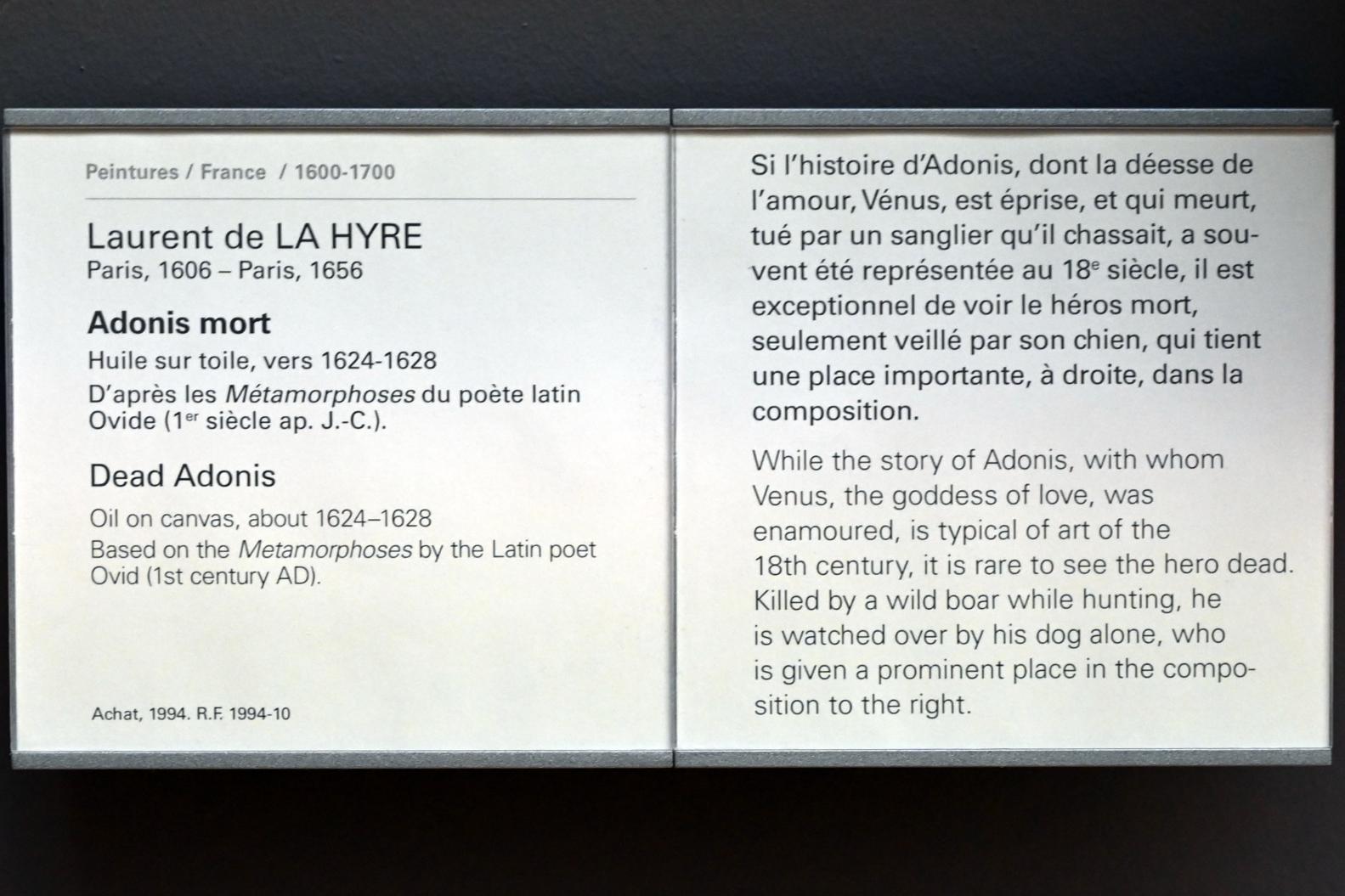 Laurent de La Hyre (1625–1653), Der tote Adonis, Paris, Musée du Louvre, Saal 828, um 1624–1628, Bild 2/2