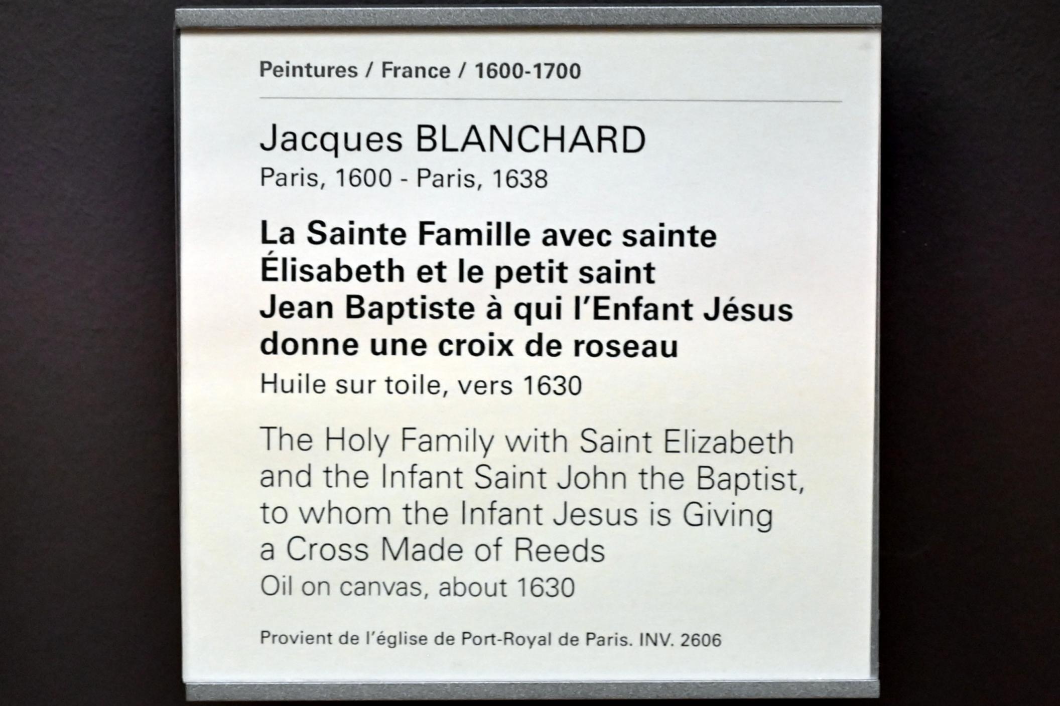 Jacques Blanchard (1630–1633), Die Heilige Familie mit der Heiligen Elisabeth und dem Johannesknaben, dem das Jesuskind ein Kreuz aus Schilfrohr schenkt, Paris, Musée du Louvre, Saal 828, um 1630, Bild 2/2