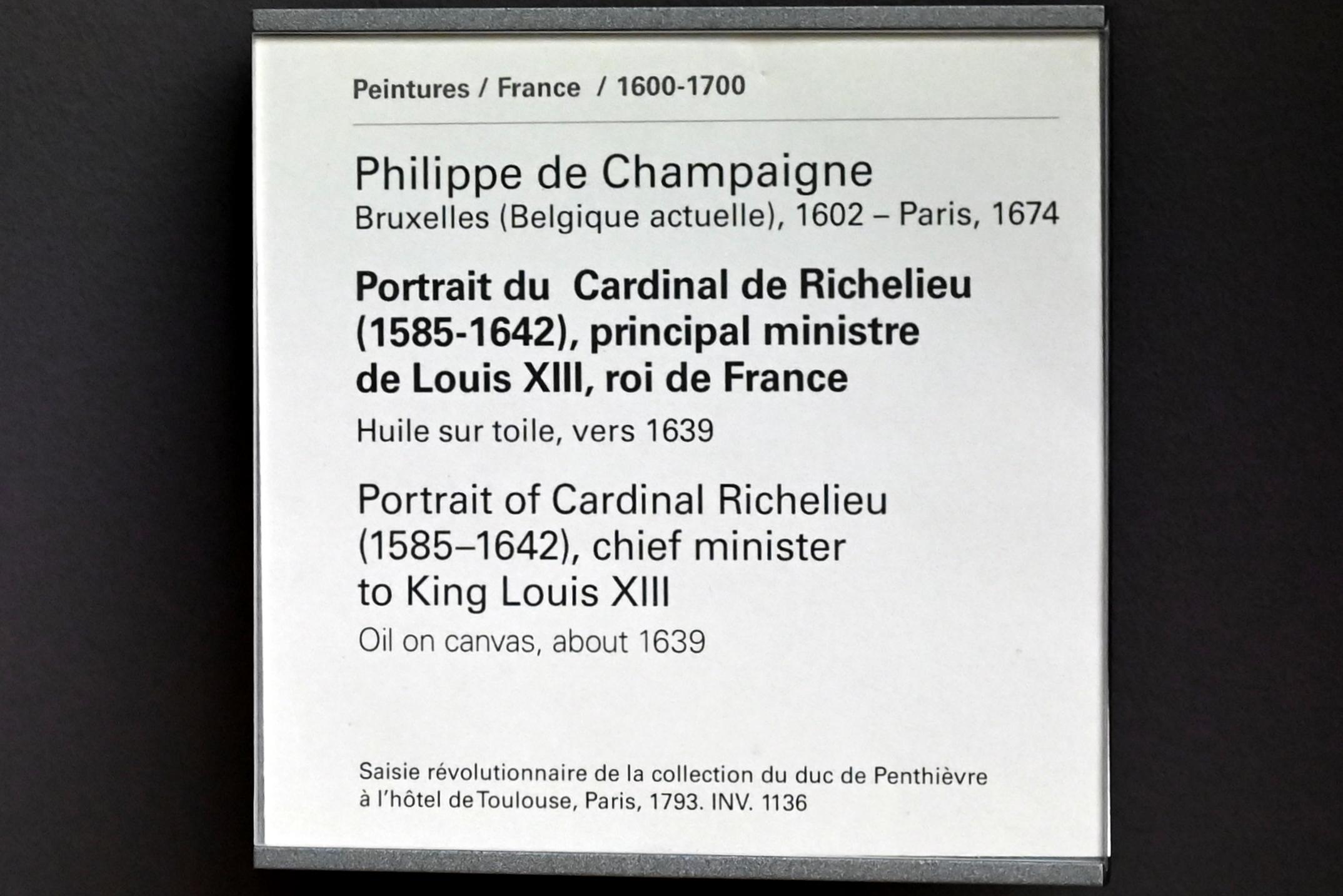 Philippe de Champaigne (1629–1668), Porträt des Kardinal de Richelieu (1585-1642), Erster Minister von Ludwig XIII., König von Frankreich, Paris, Musée du Louvre, Saal 828, um 1639, Bild 2/2